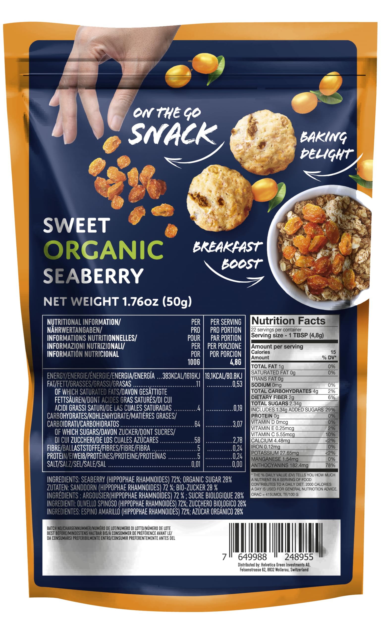 Nordic Dried Seaberry Organic | 100% Natural & Organic Sea Buckthorn Berries | Ricco in antiossidanti & Omega Fatty Acids, 50 g