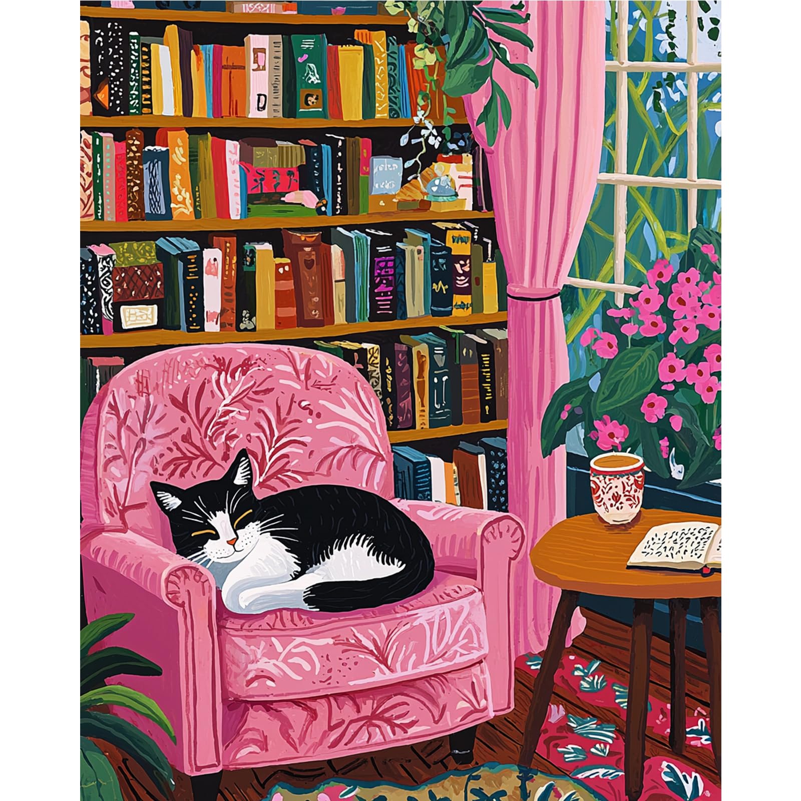 MAXBYE Paint by Numbers Kits for Adults, Painting by Numbers on Canvas, Black Cat on Pink Sofa DIY Colors Oil Painting with Paint Brushes Acrylic Pigment, Home Decor Gifts Without Frame 40x50 cm