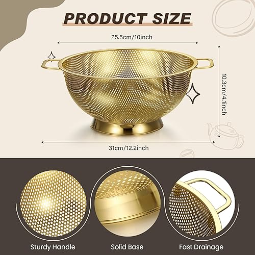 Miniatura 2 de Norme Colador dorado de acero inoxidable de 4 cuartos y 3 coladores de malla fina dorada, colador de metal para pasta, arroz y alimentos con asas,