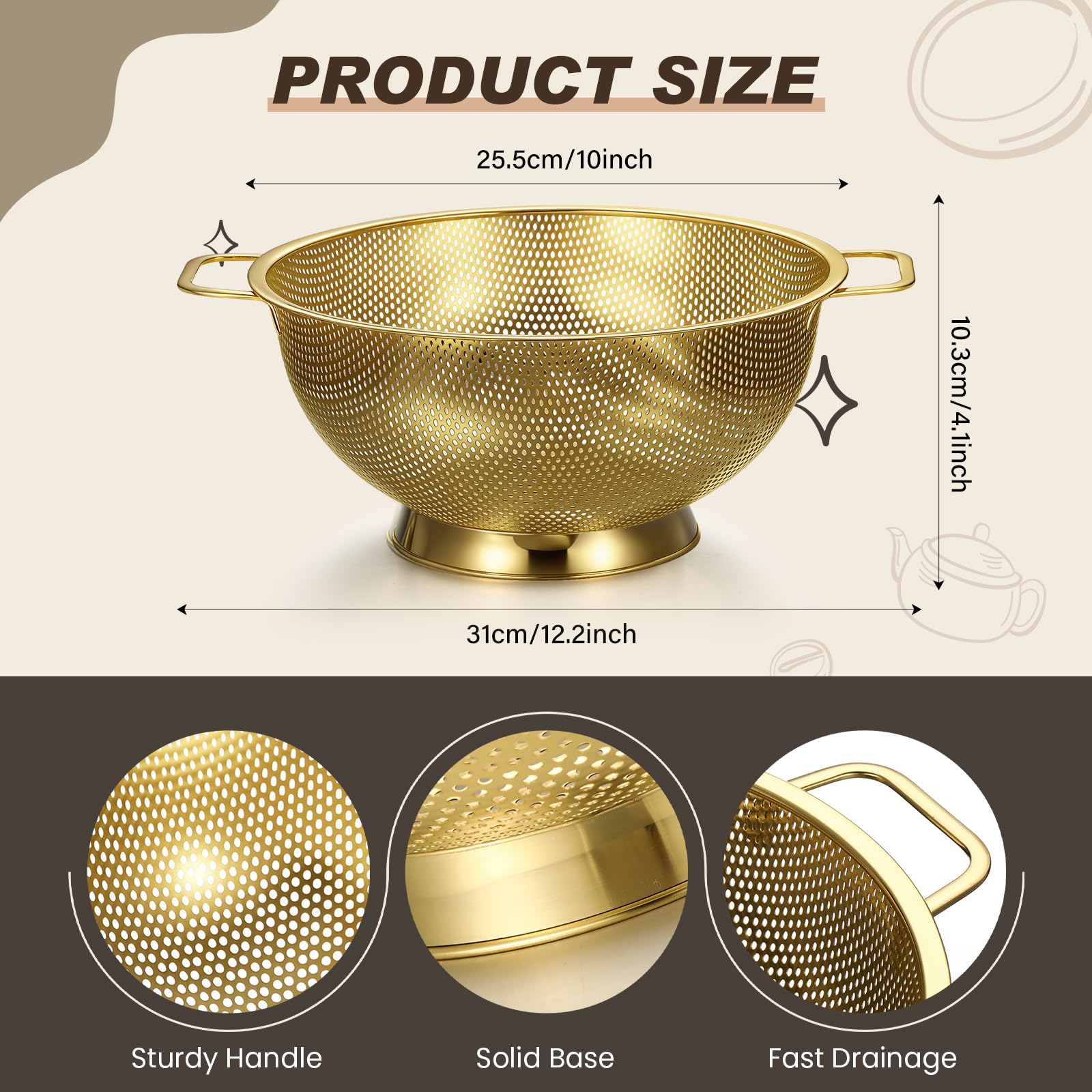 Norme Colador dorado de acero inoxidable de 3 cuartos y 3 coladores de malla fina dorada, colador de metal de acero inoxidable para pasta, arroz y alimentos, fácil de limpiar y apto para lavavajillas