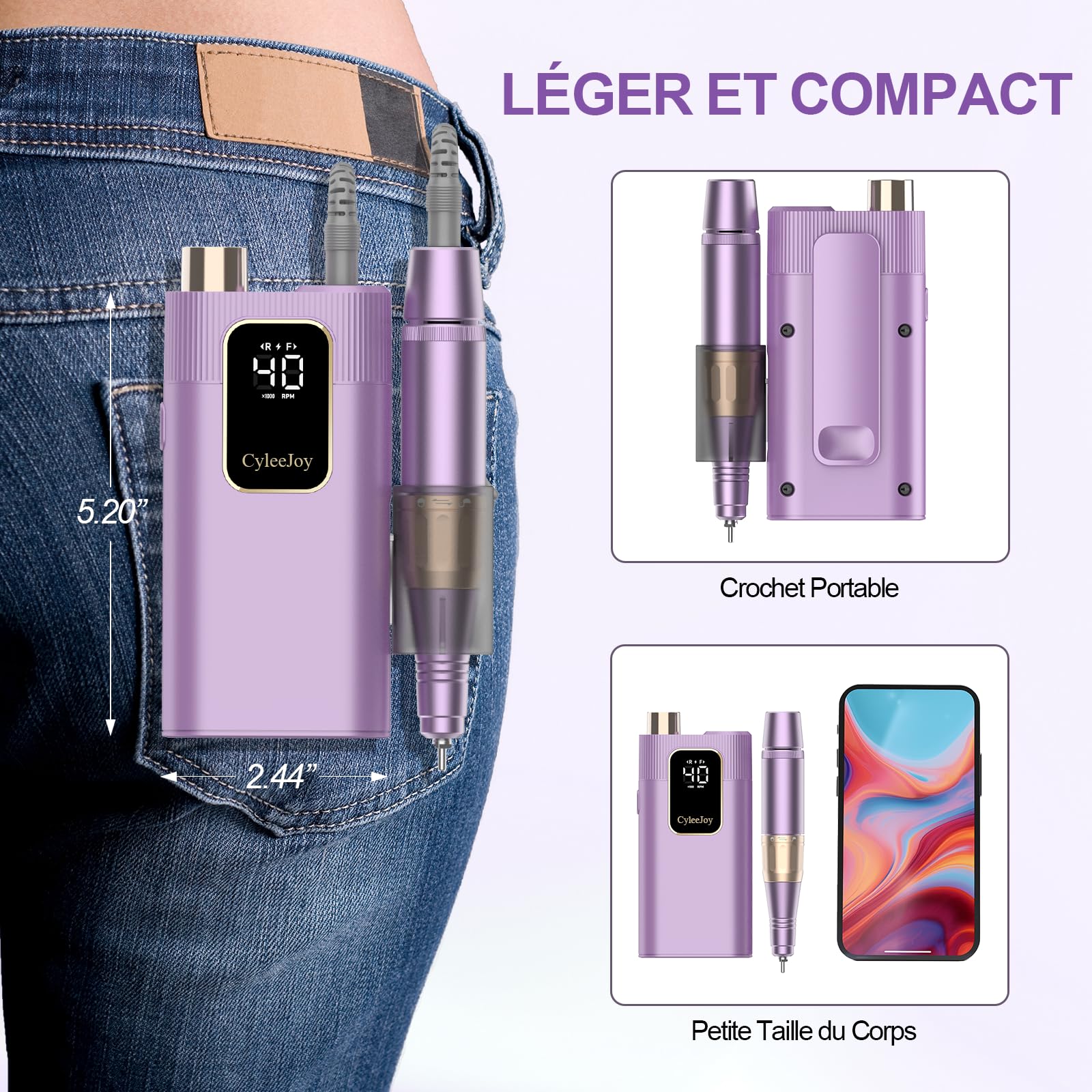 Ponceuse pour Ongles Professionnel 40000 tr/min, 12 en 1 Ponceuse Ongles pour Acrylique/Gel, Lime a Ongle Electrique Portable Rechargeable, Set Manucure Pédicure pour Salon/Maison (Violet)