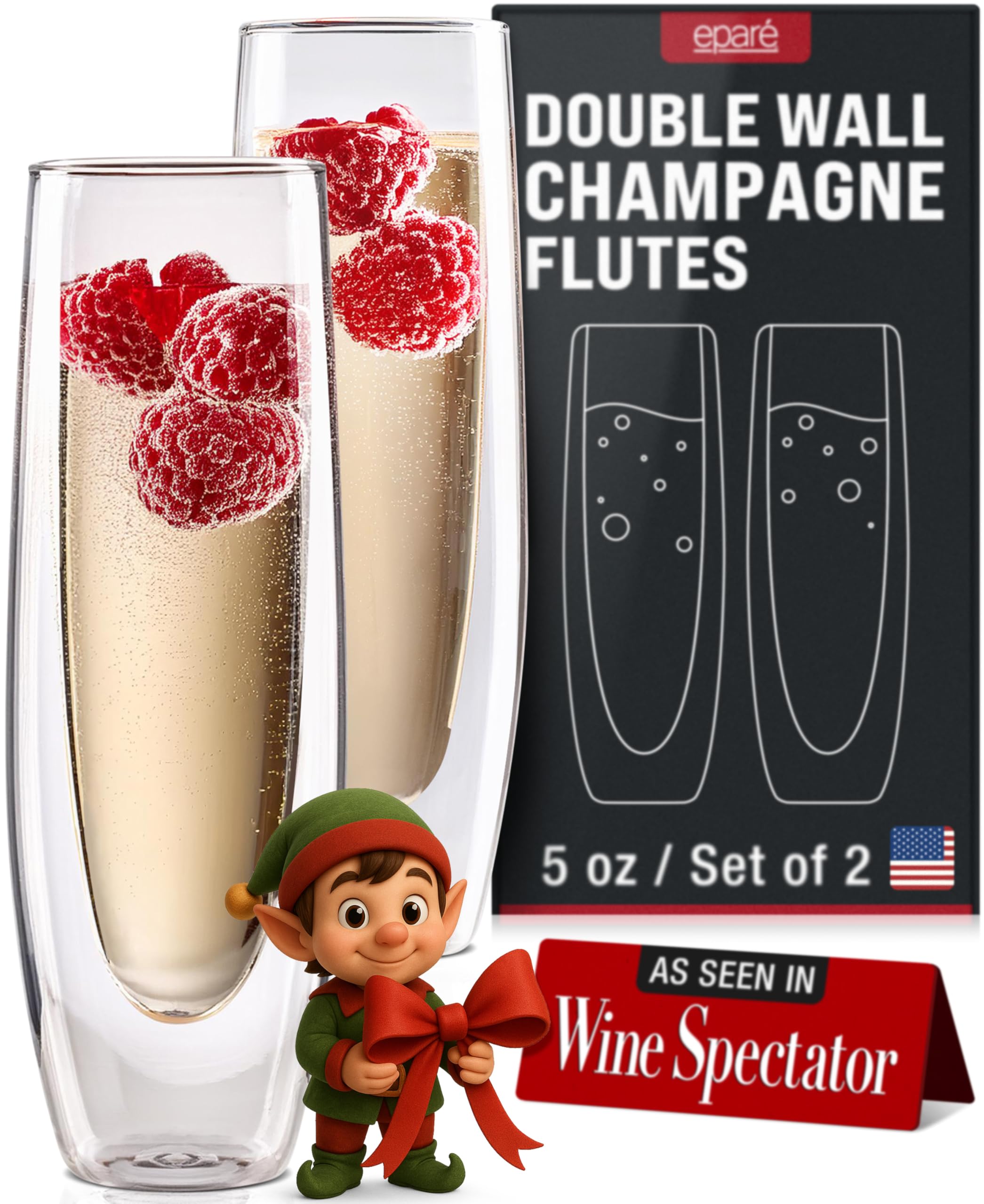 Eparé Double Wall Stemless Champagne Flutes Glass - Set of 2 Lightweight Mimosa and Prosecco Glasses for Bridal Shower, Bridesmaid Gift - Modern Stemless Champagne Glasses