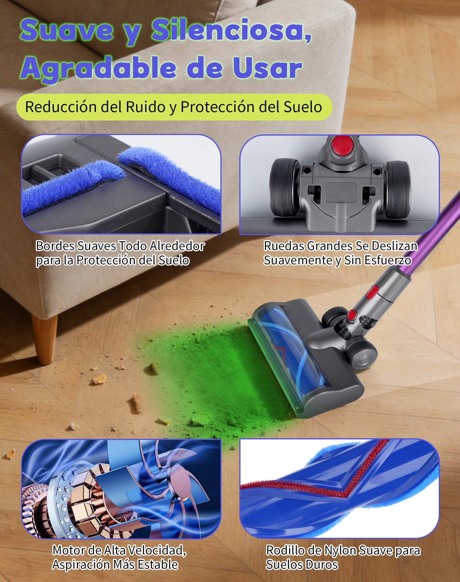 Cepillo para Dyson V7 V8 V10 V11 V15 con Luz LED Verde, Cepillo de Rodillo Suave Motorizado para Suelos Duros y Alfombras de Pelo Corto, Accesorio Aspiradora Dyson de Repuesto