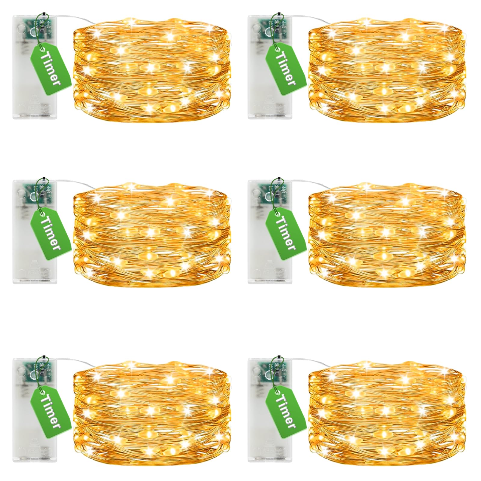 6 piezas Guirnalda luces led pilas,con temporizador 3M 30 LED micro alambre de cobre funcionamiento a pilas para interior decoración para fiesta jardín Navidad boda árbol dormitorio blanco cálido