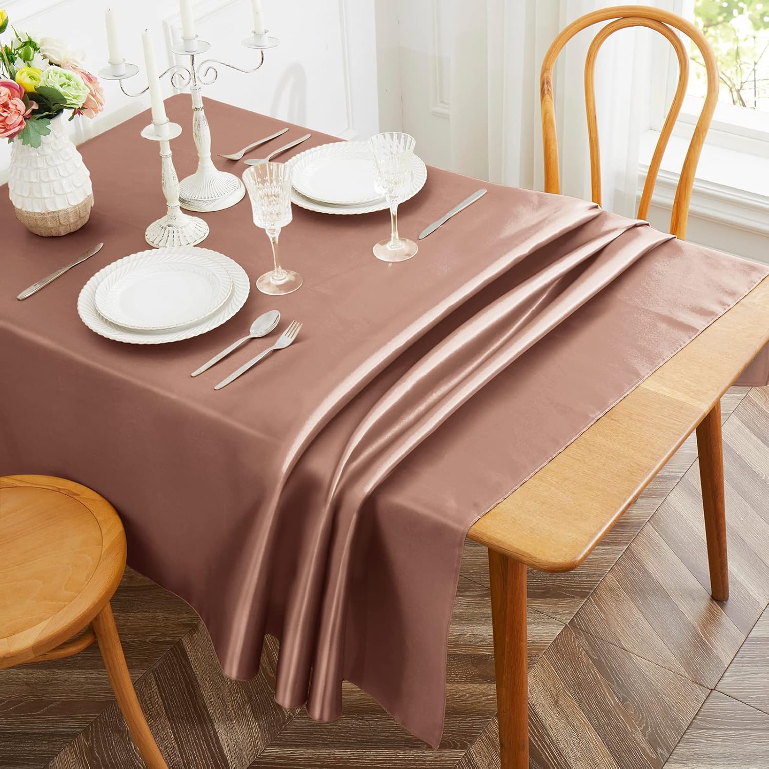 Cobedzy 1 Pack Rose Gold Satin Tablecloth, 58 x 102 Inches Rectangle Satin Table