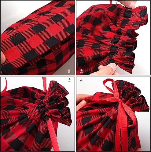 Miniatura 4 de Aneco Paquete de 6 bolsas de regalo de Navidad con cordón a cuadros de búfalo para regalos, tela de algodón, bolsas de tela de Navidad a cuadros
