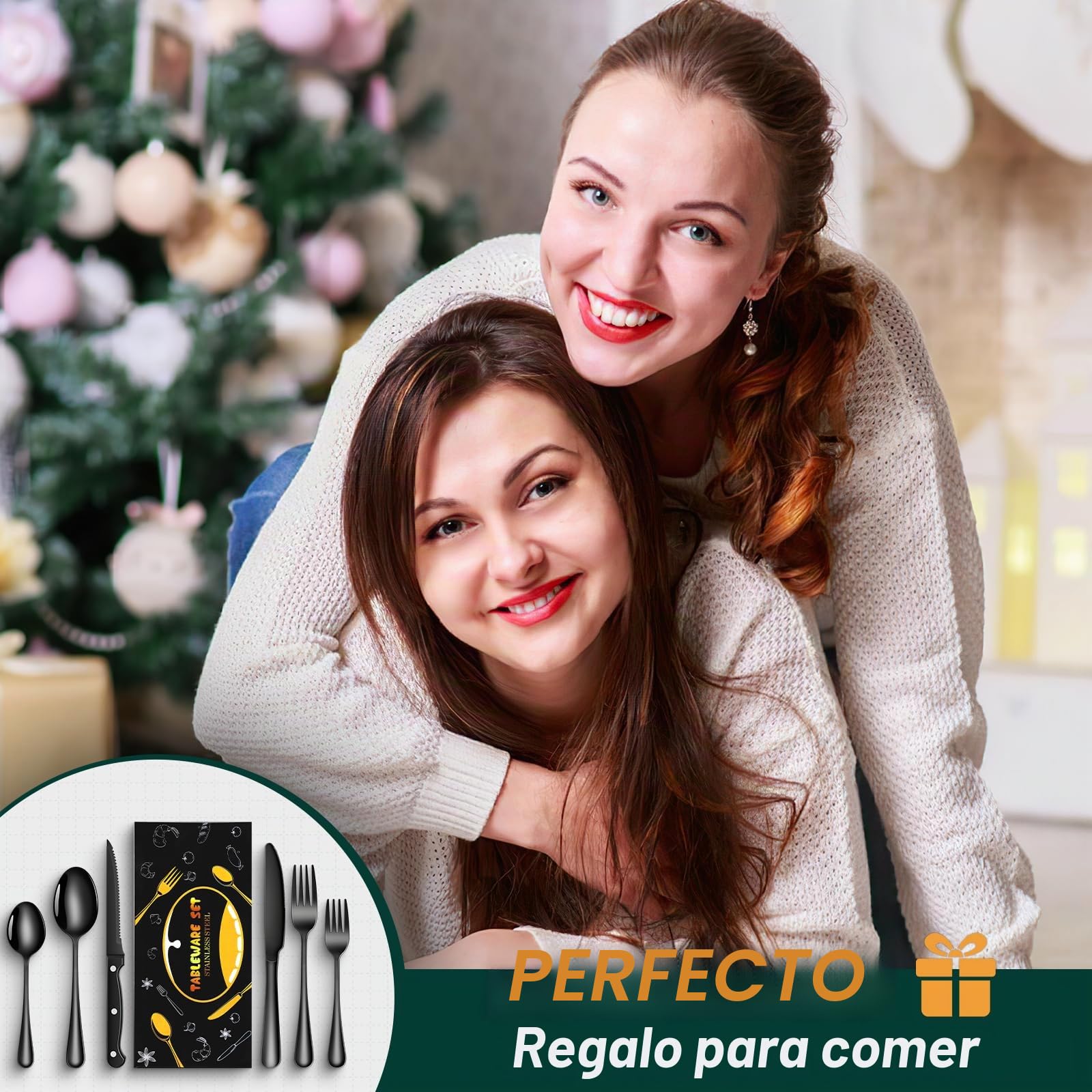 TAN REN Cuberteria negra para 6 personas, Juego de cubiertos de acero inoxidable de 36 piezas(Negro), incluye cuchillo, tenedor, cuchara, cuchillo de carne, pulido espejo, apto para lavavajillas