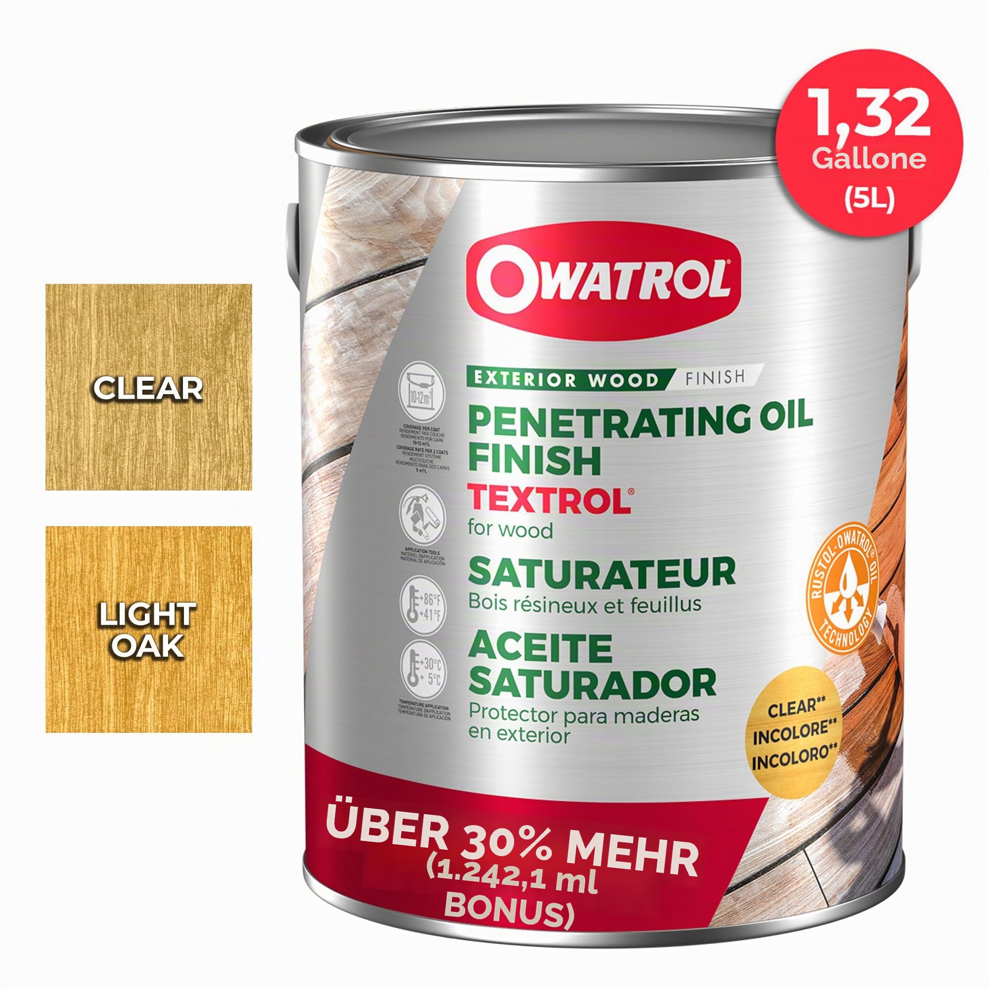 OWATROL TEXTROL - Farblose Tönung - Saturator Holz Outdoor auf Basis natürlicher Pflanzenöle für Hütten Barrieren Schuppen Außenholzverkleidung - Holz Terrassenöl - 5 L