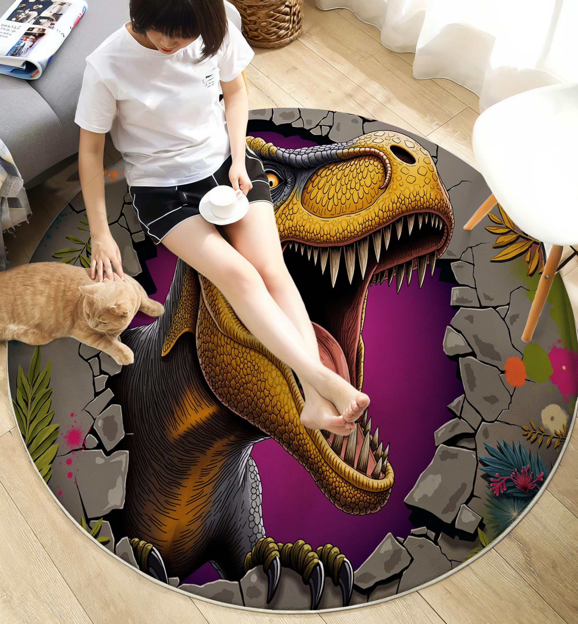 Fantasy Tierwelt Rund Teppich Waschbarer, 120cm Runder Wohnzimmer Schlafzimmer rutschfest Carpet, Flanell Dinosaurier Die Die Mauer Durchbrechen Küchenteppich, Weicher Kreis Senfgelb Teppich