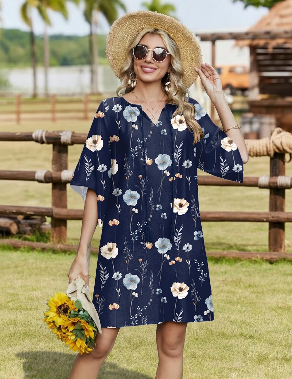 Zeagoo Womens Casual Summer Dress Boho Beach Dresses Tassel Tie Neck 2026 Floral Cover Up Spring 3/4 Sleeve Mini Sundress - Image 3