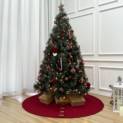 Miniatura 6 de Falda de árbol de Navidad de punto de 60 pulgadas redonda con botones de palanca de madera (rojo burdeos)