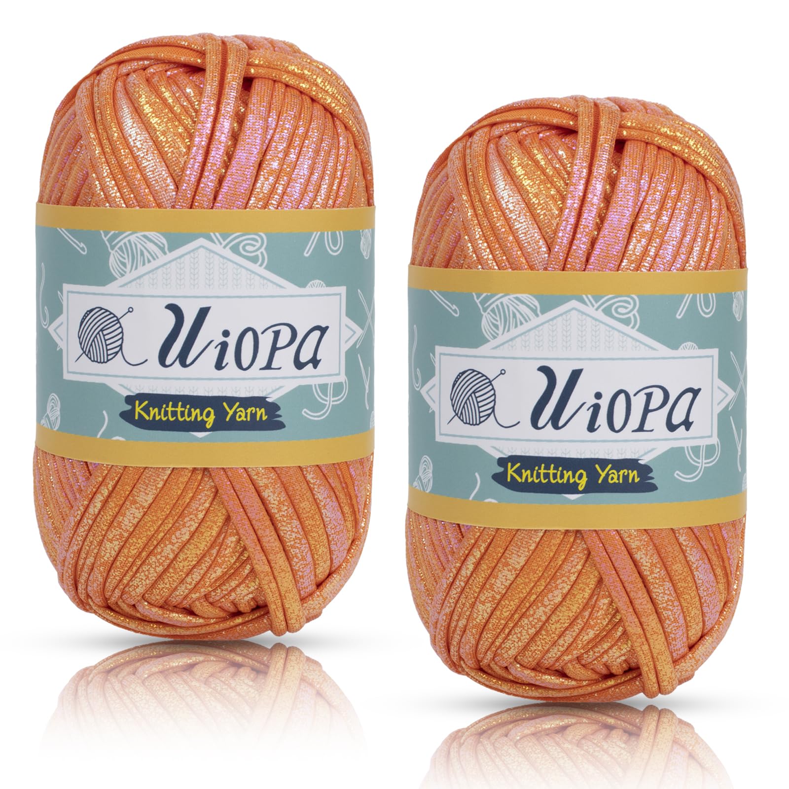Uiopa Metallic T-Shirt Yarn, 2 x 100g(2 x 33m) Knitting Fabric Cloth Tshirt Yarn, Polyester Chunky Crochet Ribbon for Crocheting Bags, Baskets, Home Decor, DIY Crafts (Orange)