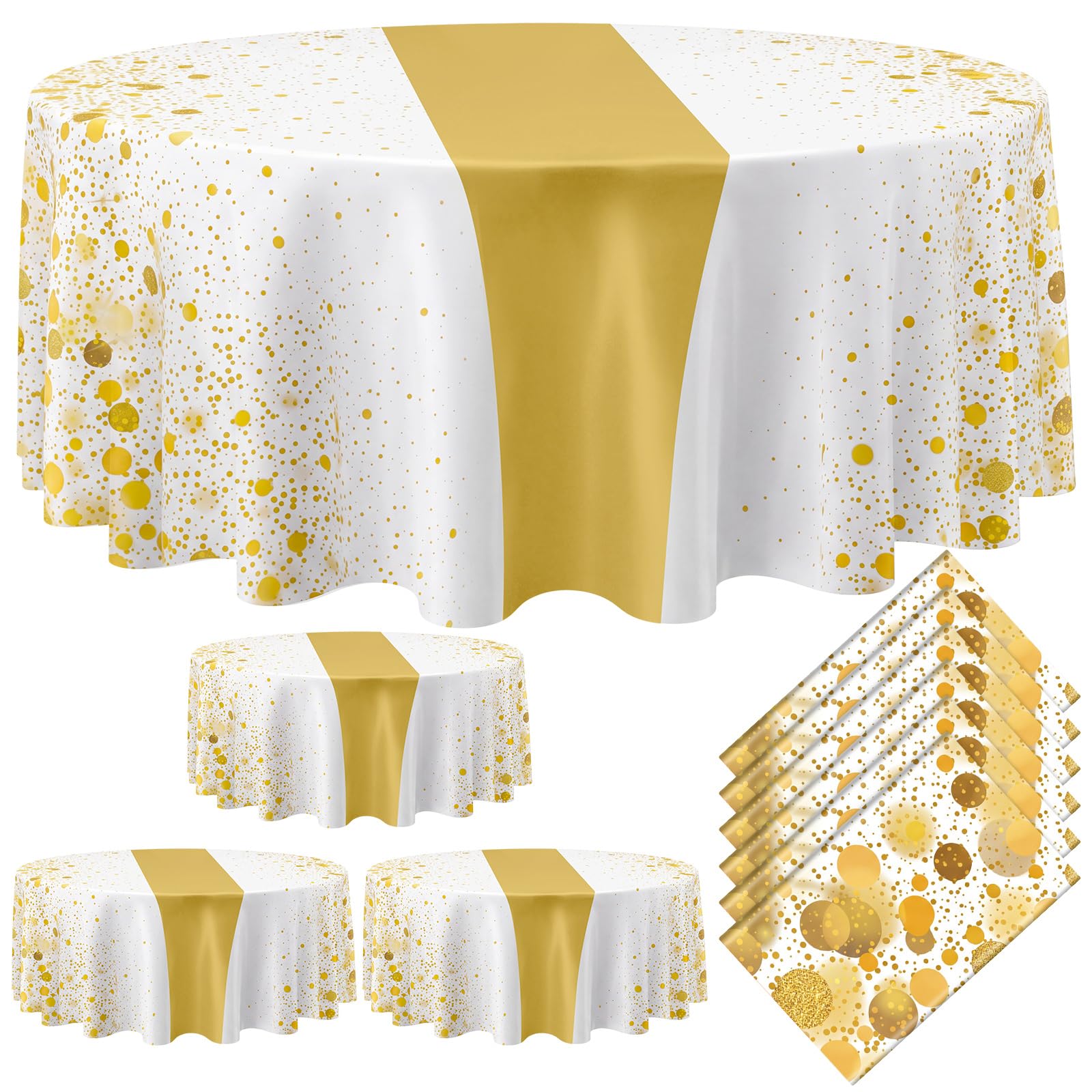 Remagr 8 Pcs White and Gold 84Inch Round Plastic Tablecloth Disposable