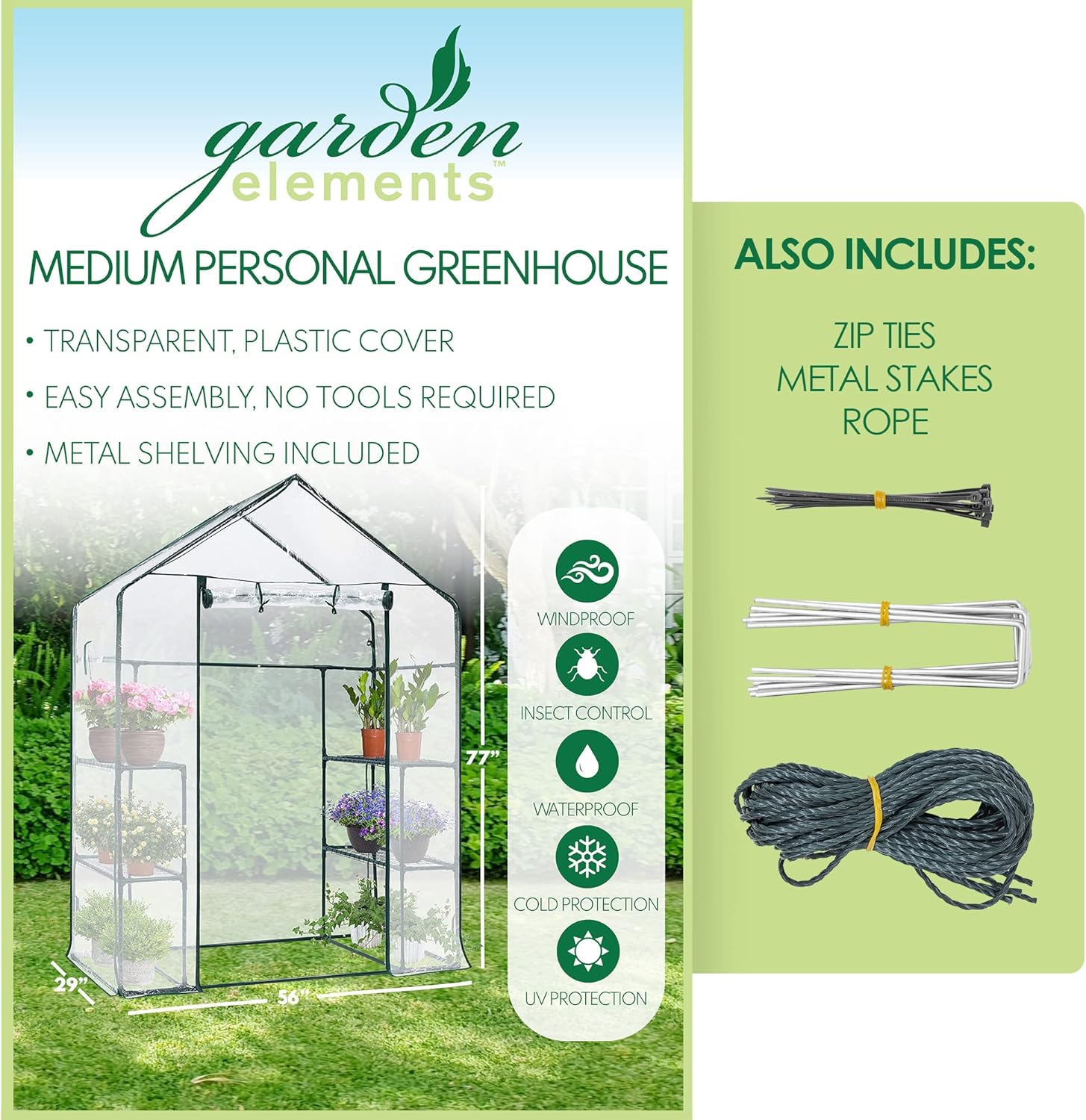 Garden Elements Personal Plastic Indoor/Outdoor Standing Greenhouse for Seed Starting and Propagation, Frost Protection, Clear, Medium, 56" x 29" x 77"