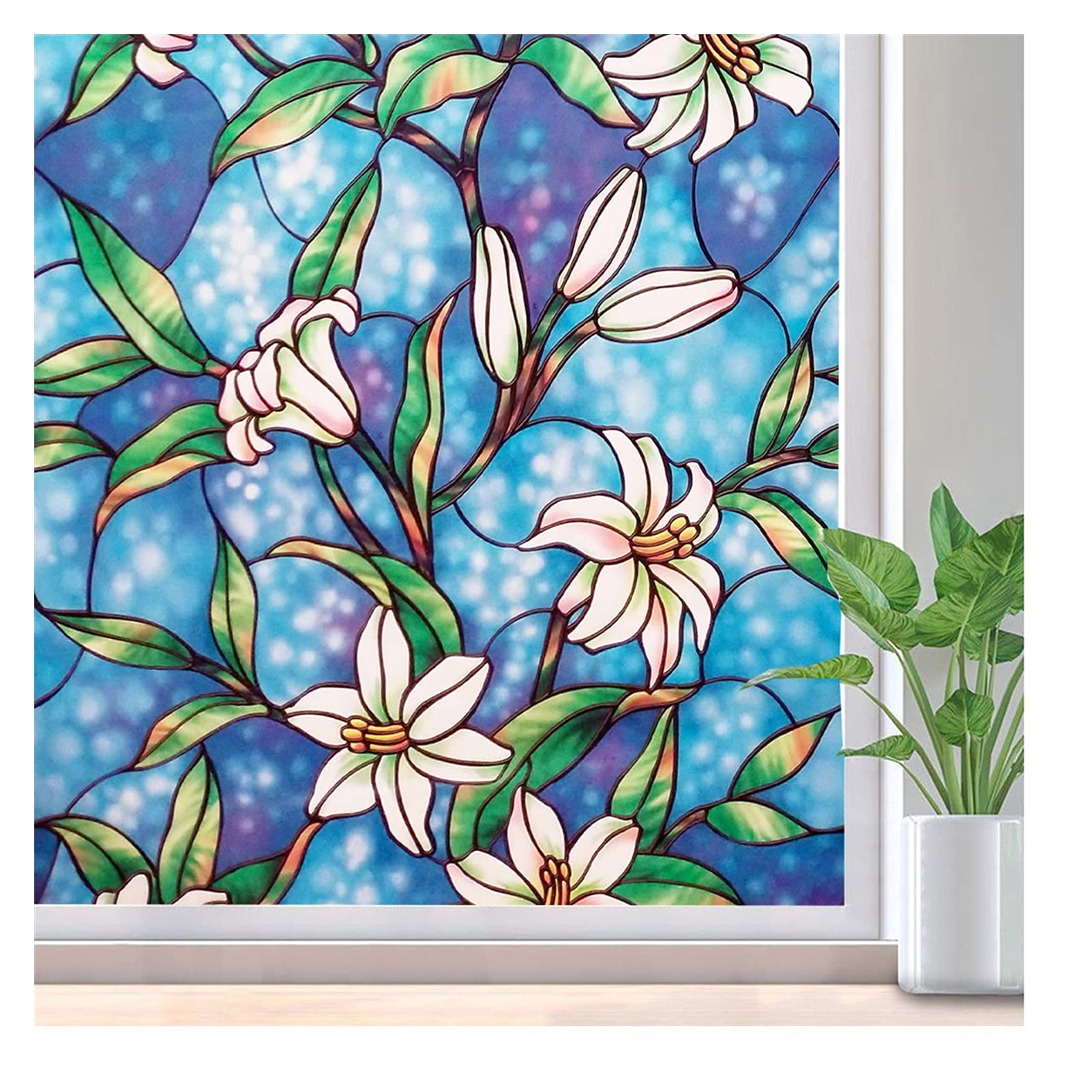 Glass Windows Privacy Film Stained Glass Flower Pattern Decorative Window Film Privacy Film Multiple Sizes(75x200cm)