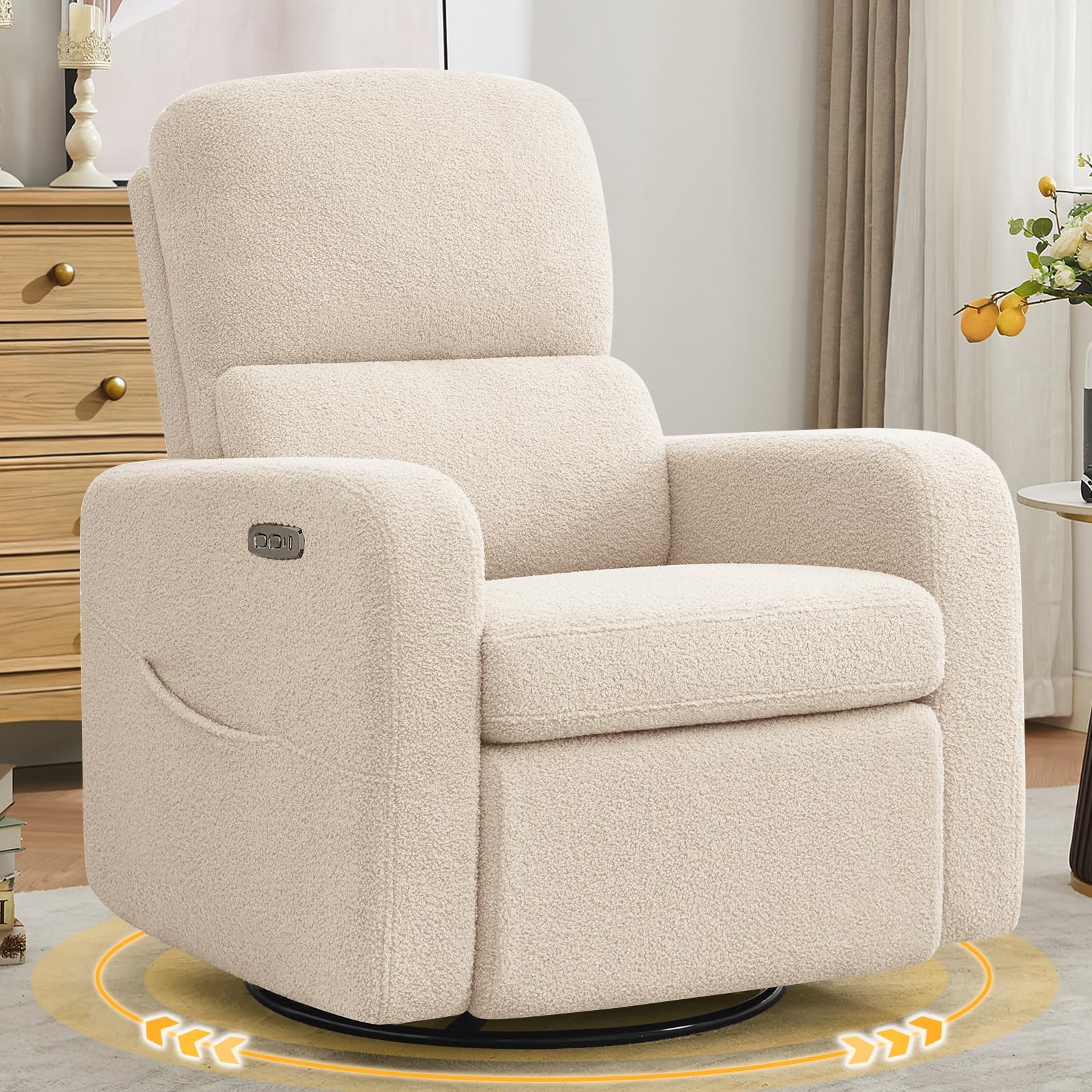 Power Swivel Rocker Recliner, Oversized Electric Boucle Recliner Chair, Swivel Glider Nursery Reclienr with Removable Cushion, Upholstered Recling Chair for Living Room Bedroom, Teddy Apricot