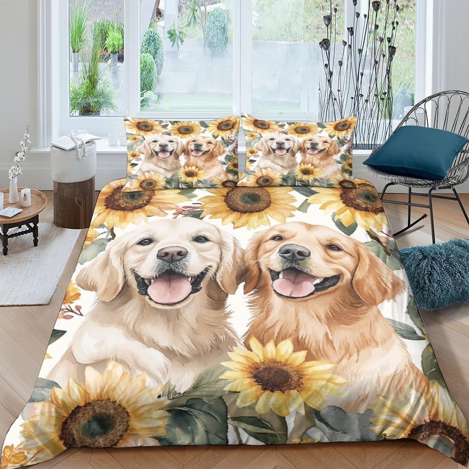 Ctjqhvkz Style-3 3D Printed Golden Retriever Sunflower Fitted Sheet Microfiber Soft Mattress Cover Bedroom Decor Anti-Slip Washable Single（135X200cm）