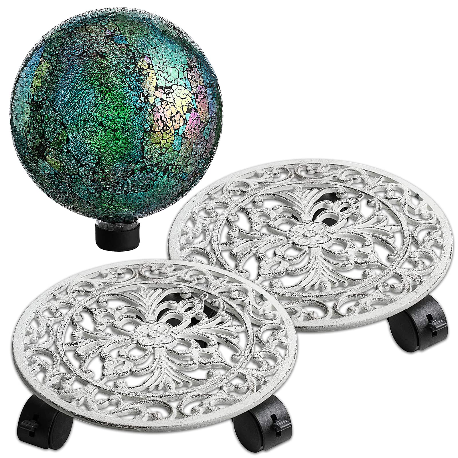 10 Inch M 10" Metal Plant Caddy, Cast Iron Plant Stand with Locking Heavy Duty Wheels, Set of 2 (White)osaic Colorful Gazing Ball,Iridescent Crackled Glass Mosaic Globe for Yard & Garden (Blue) and