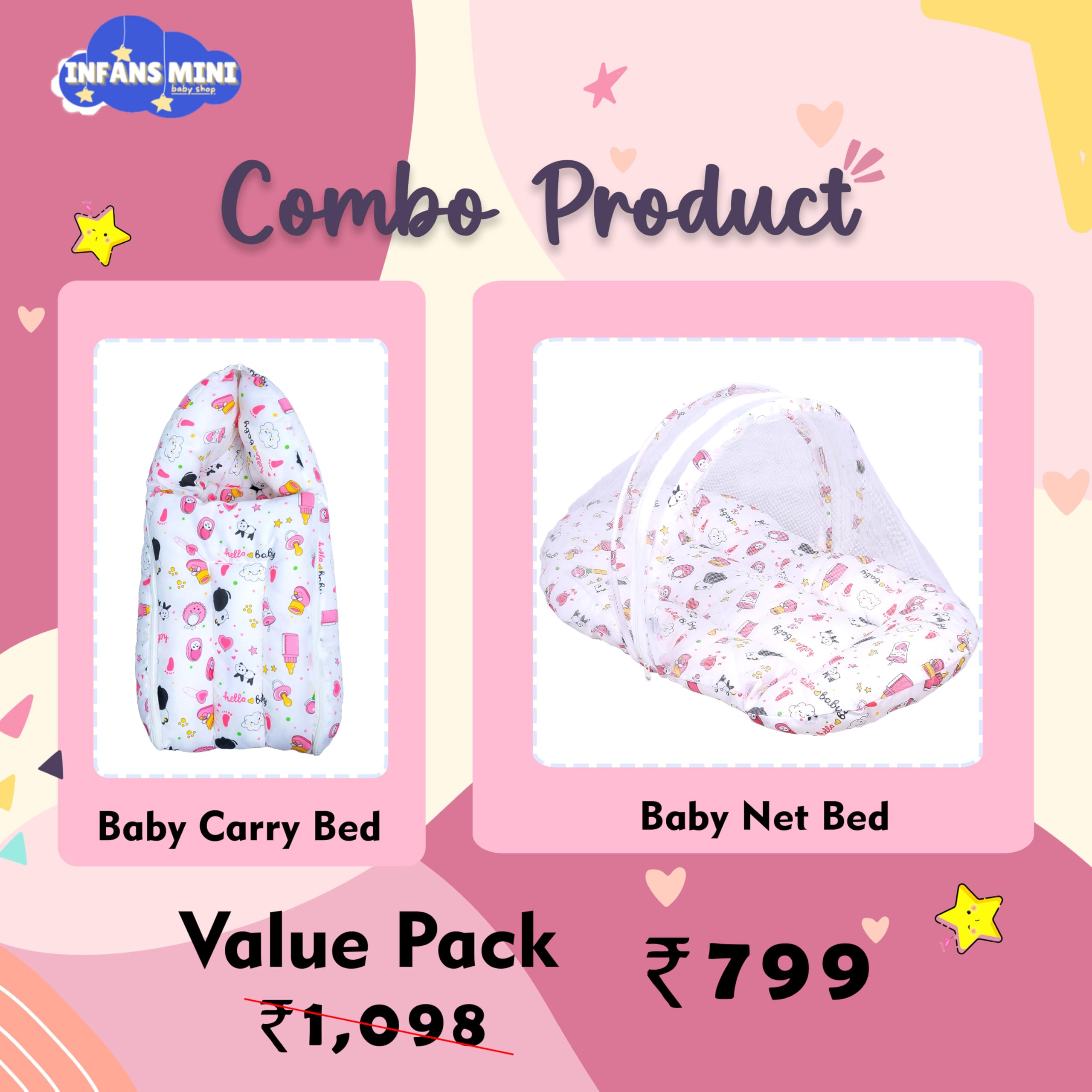 Infans Mini Baby Bedding Set for New Born Baby Sleeping Bag, Mosquito Net Bed Suitable Upto 6 Months Babies (Panda Pink) 3