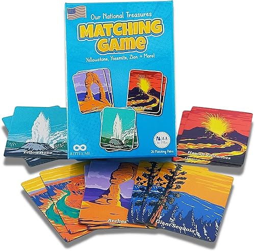 Nuestro juego de tesoros nacionales para niños y niñas de 3 a 5 años. Un divertido y rápido juego de memoria de parques nacionales de Estados Unidos