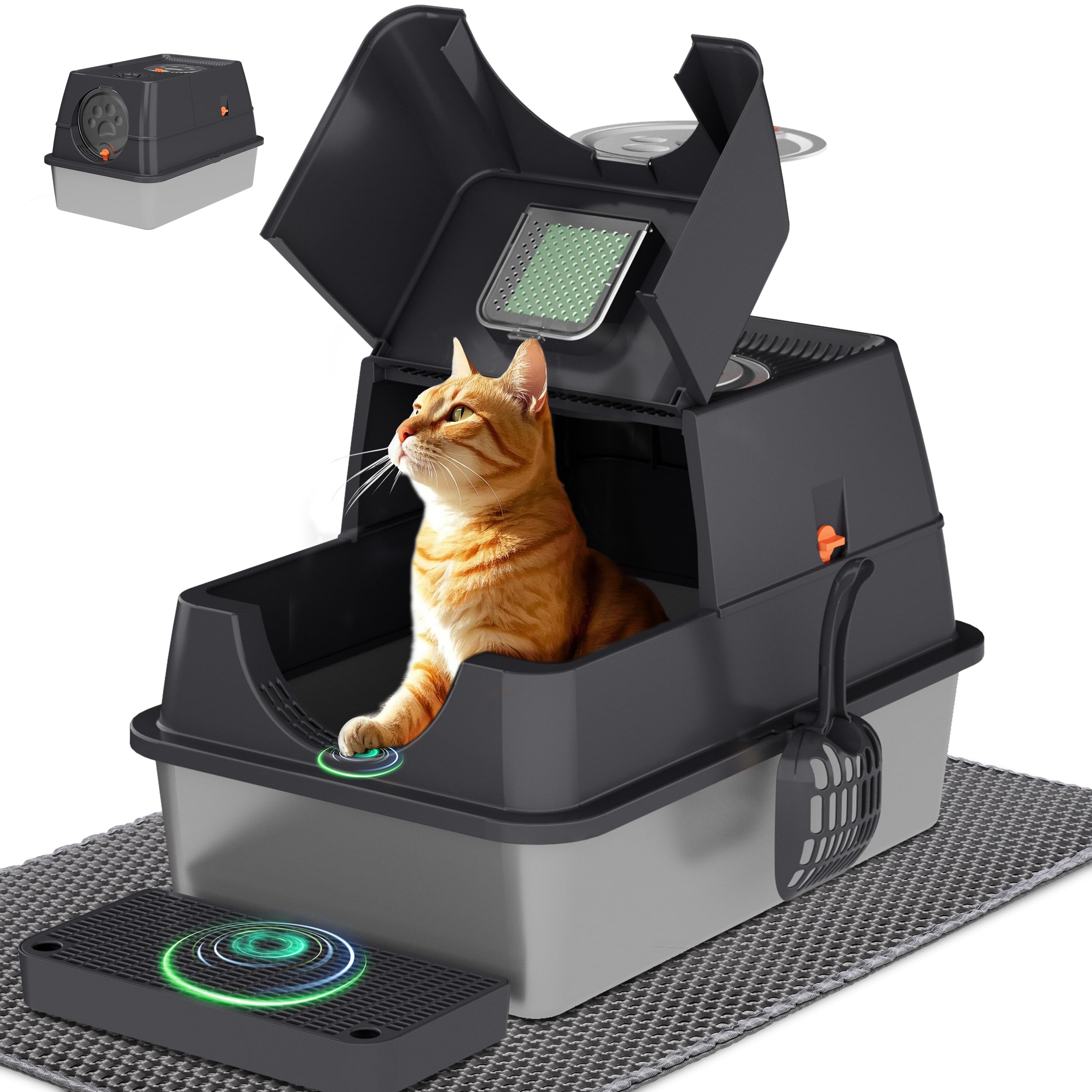 Citylife Stainless Steel Litter Box with Lid XL Large Enclosed Metal Box Anti-Leakagecat Litter Box Stainless Steel Includes Scoop, Mat, Odor Control Easy Cleaning, Dark Grey