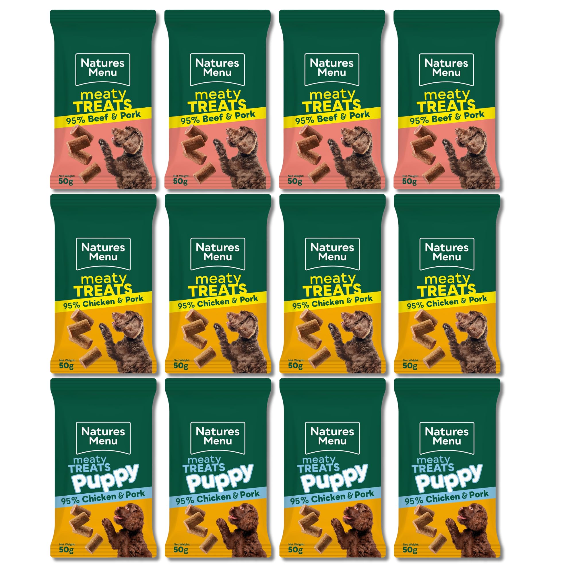 Natures Menu Original Mixed Variety Real Meaty Dog Treats, 50g Box of 12 (Beef, Chicken, Puppy Chicken)