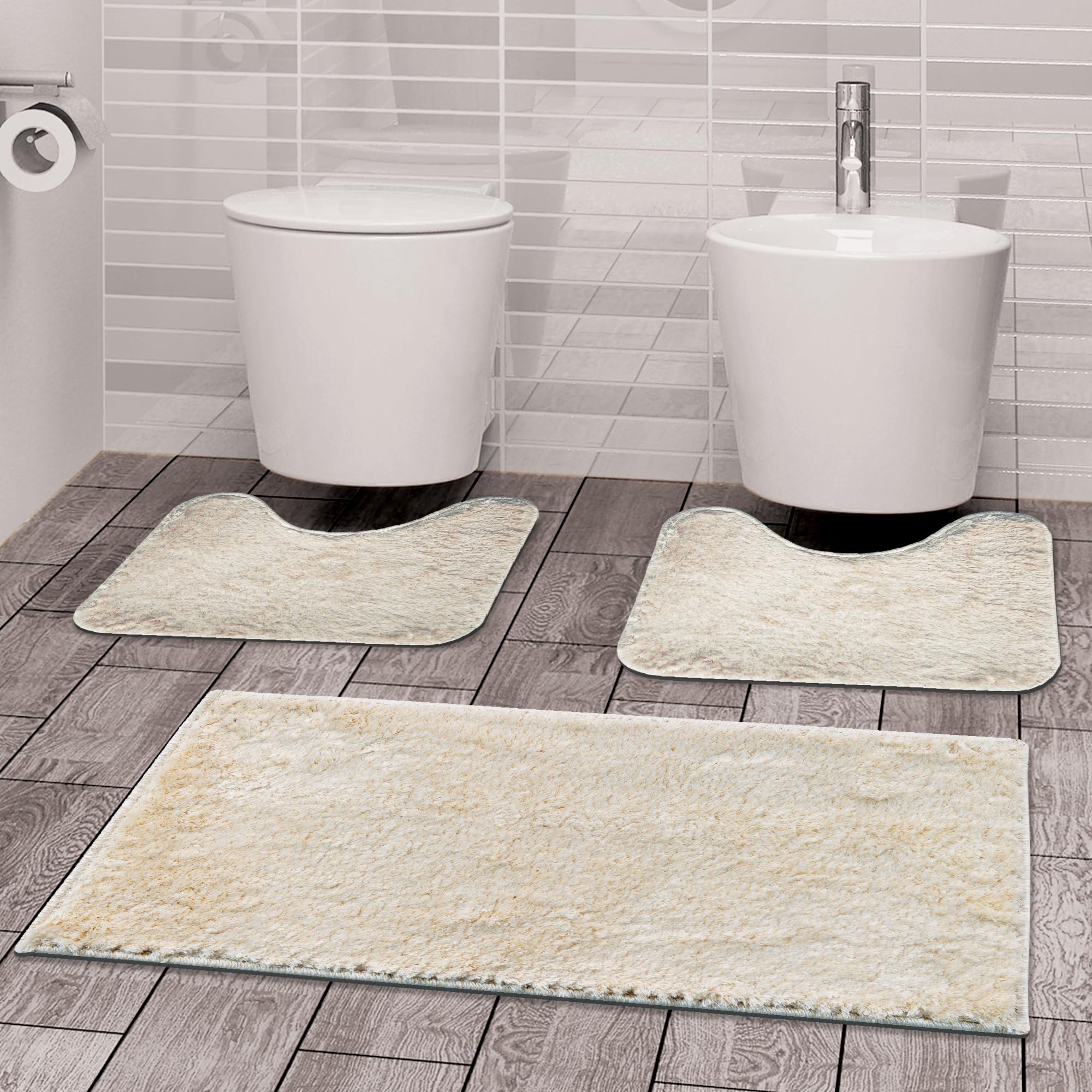 Comart - Tris Tappeti Faith Bagno - Set Tappetini Bagno: 1 Tappeto Rettangolare 45x75 cm + 2 Giro Water 45x75 cm - Morbidi e Pelosi - Asciugatura Rapida e Antiscivolo - Lavabili in Lavatrice - Panna
