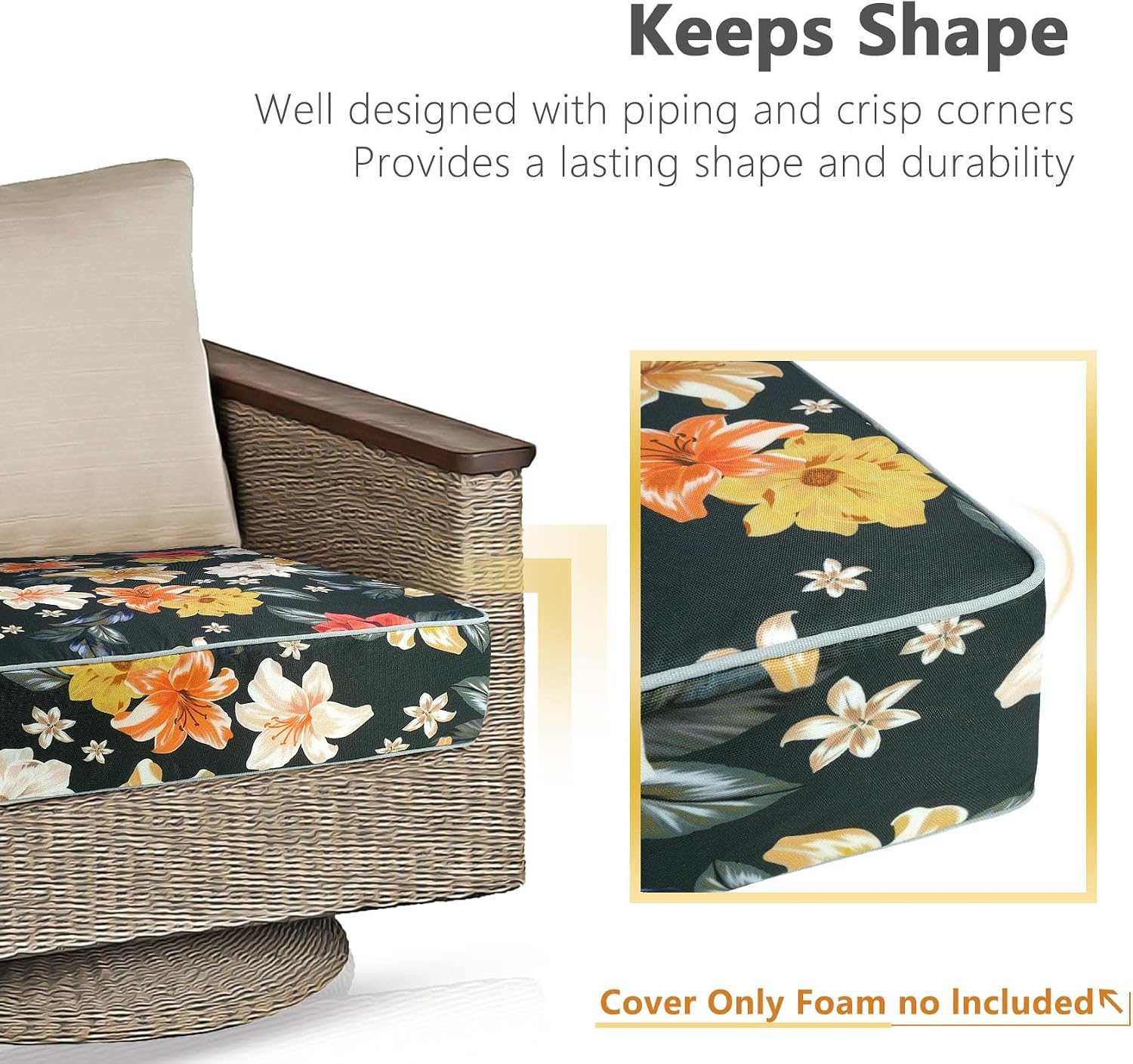 Porch Shield Outdoor Patio Chair Seat Cushion Covers Set 4 Waterproof Fade Resistant Cushion Slipcovers 22 x 20 x 4 inch, Floral Black