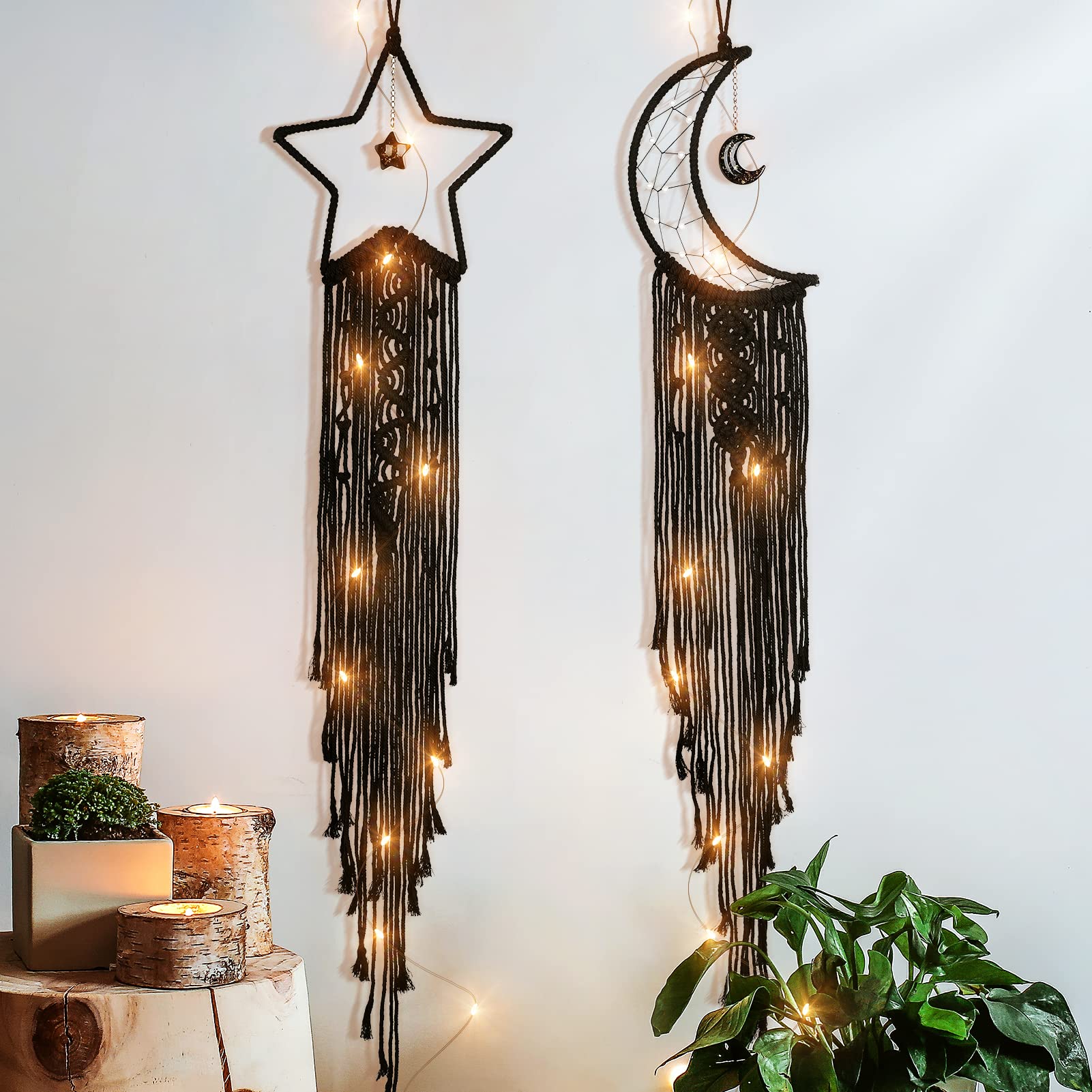 Bestcool Dream Catcher, 2Pcs Moon Star Dream Catcher Bedroom Accessories Black Handmade Wall Decor DIY Dreamcatcher Kit with LED String LIght for Girls Kids Bedroom Wall Hanging Decoration Gift（Black)