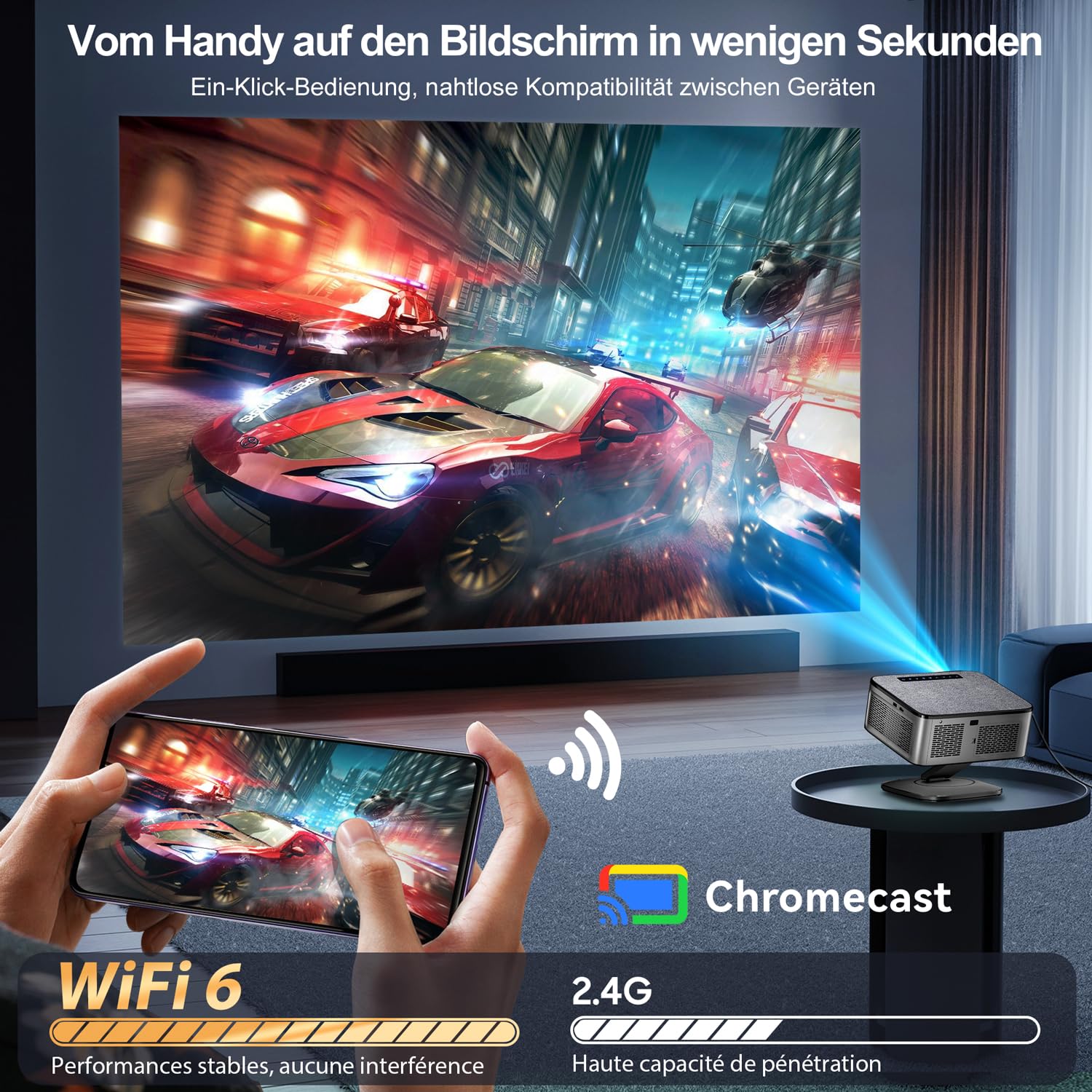 Beamer 4K【1500 ANSI & Google TV/Autofokus】 Full HD 1080P 38000 Lumen XIWBSY Smart Beamer mit WiFi 6, Bluetooth 5, Sprachassistent, Heimkino & Outdoor Projektor