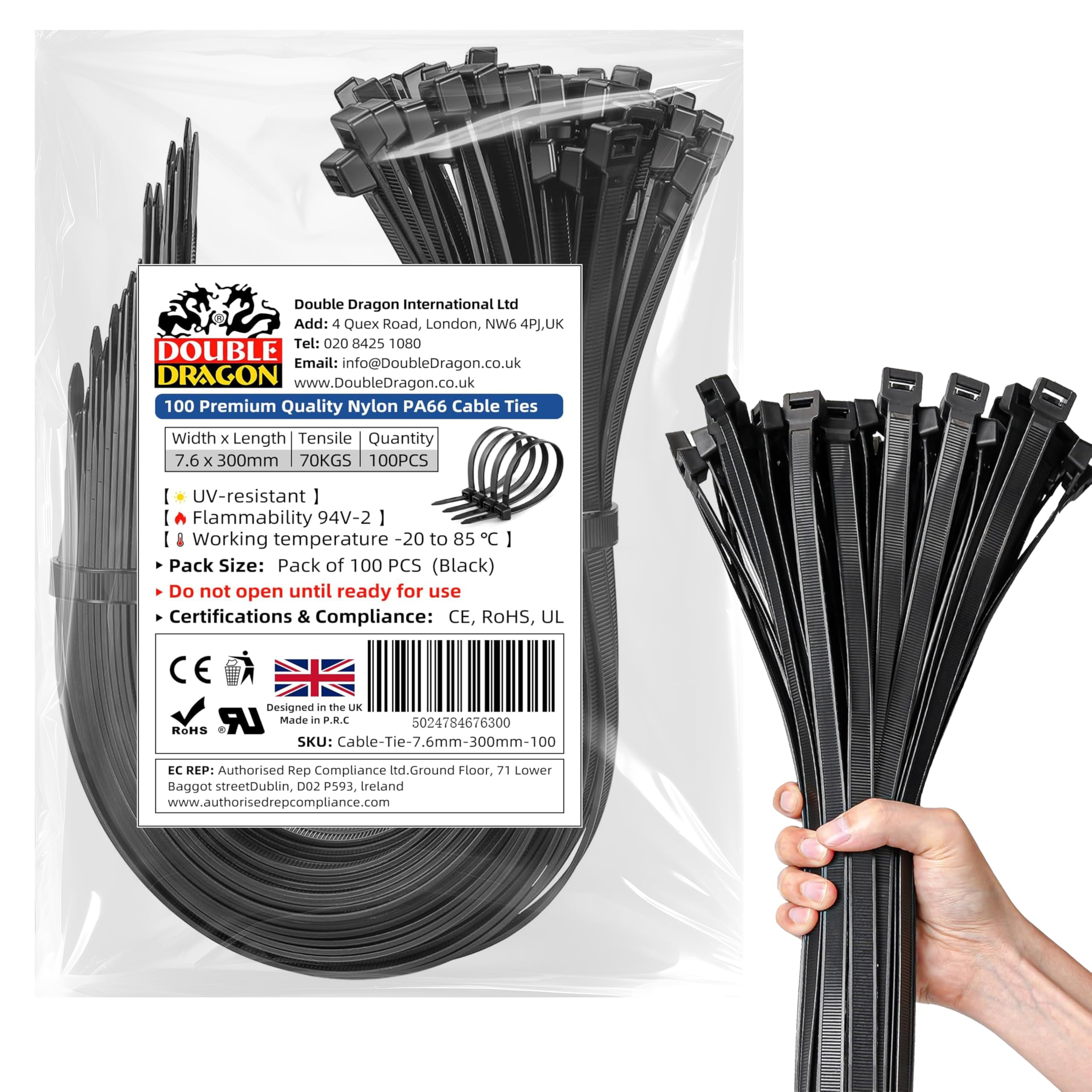 Double dragon 7.6 mm × 300 mm Heavy‑Duty PA66 Nylon Cable Ties - 100 Pack | 70 kg (154 lb) Tensile Strength | UV‑ & Weather‑Resistant Self‑Locking Zip Ties | CE • RoHS • UL
