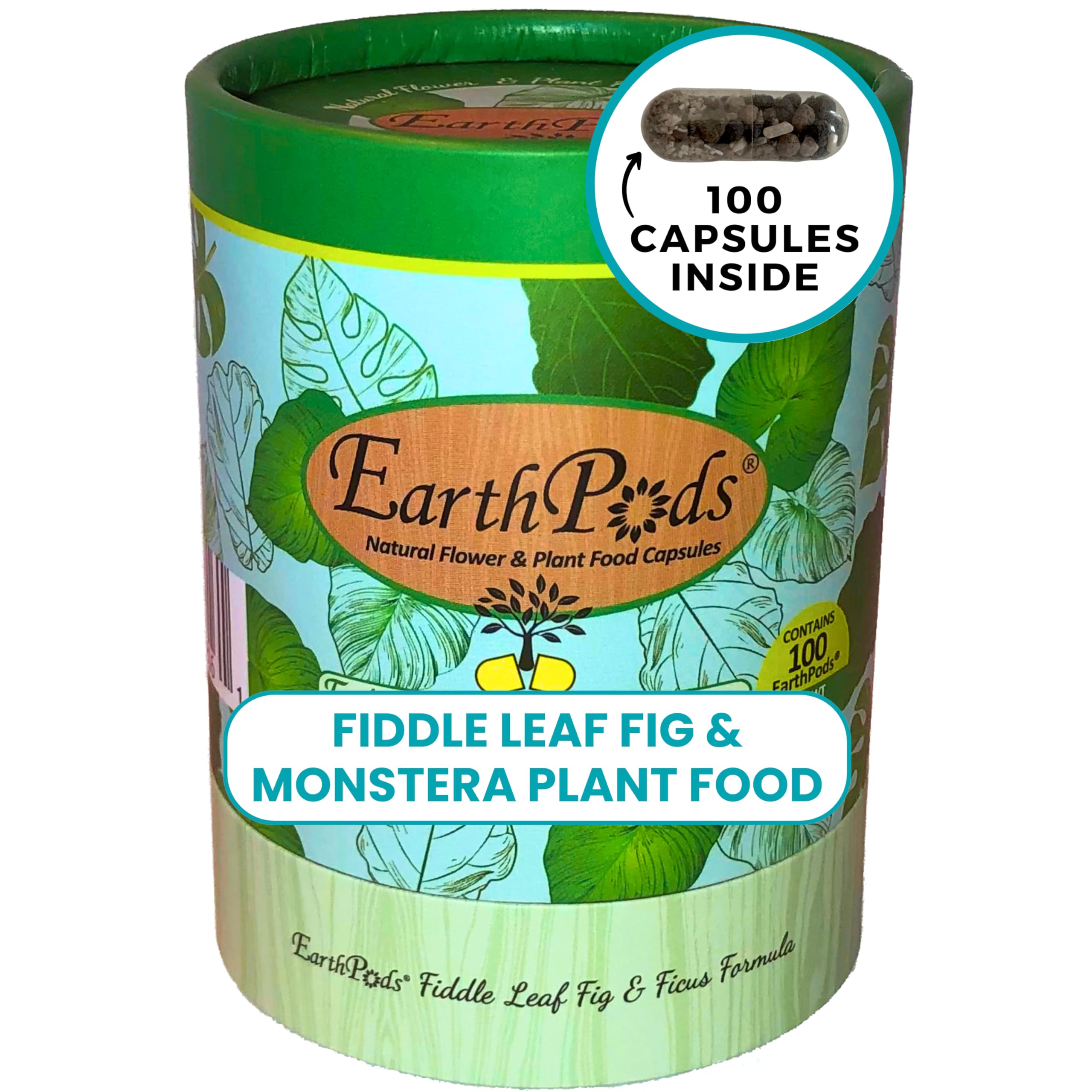EarthPods® Premium Fiddle Leaf Fig Plant Food Capsules (100 Count) Specialized Bio Organic Fertilizer for Monstera, Pothos, Calathea, Ficus, Elephant Ear, Dracaena (Organic + Vegan + Made in USA)