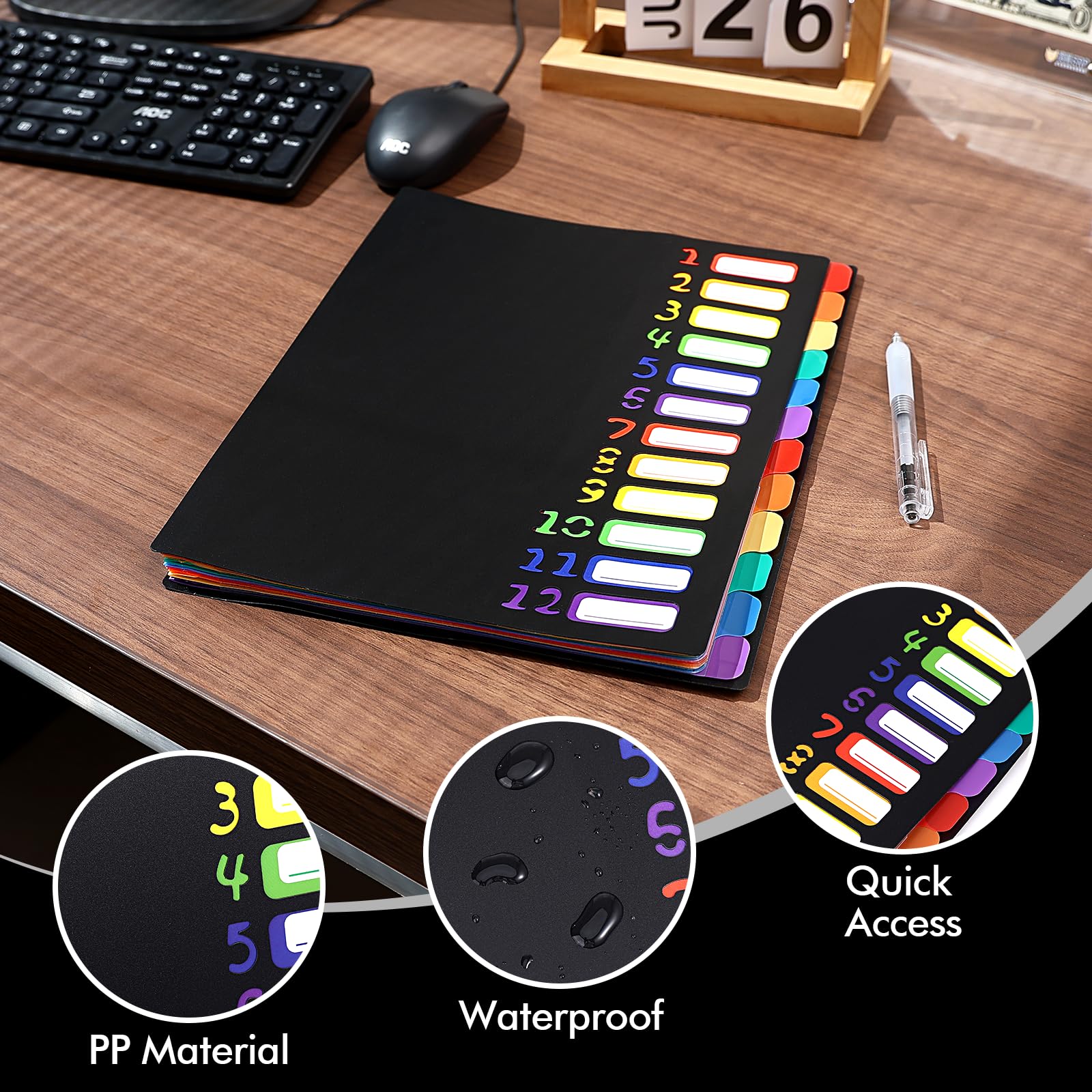 Organizador Documentos Oficina Carpeta Clasificadora A4 VIQWYIC - 12 Compartimentos Rosa Carpeta Con Goma Elástica