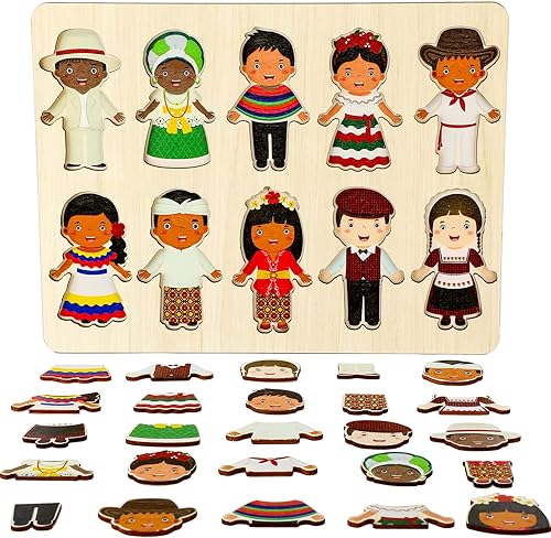 Miniatura 3 de Rompecabezas multiculturales de madera para niños, rompecabezas intercambiables para vestir diversidad, rompecabezas de madera para preescolar
