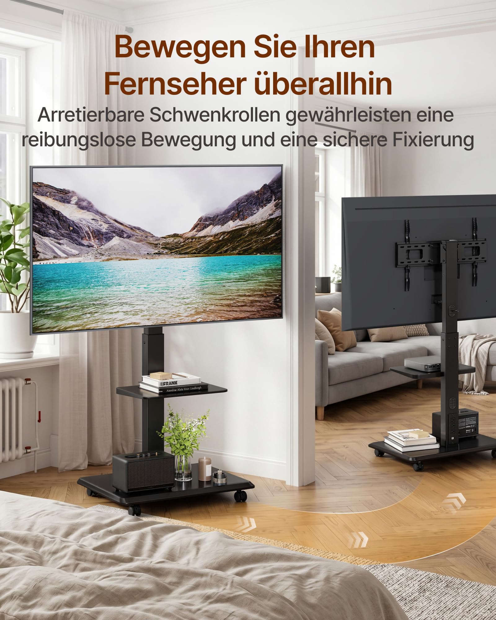 TV Ständer Rollbar mit Steckdose, 37"-75", 50kg, Max VESA 600x400 | TV Standfüße mit Versteckter Kabelverwaltung, Höhenverstellbar, Schwenkbar, Neigbar, ±3° Niveau, Einfache Montage, Schwarz