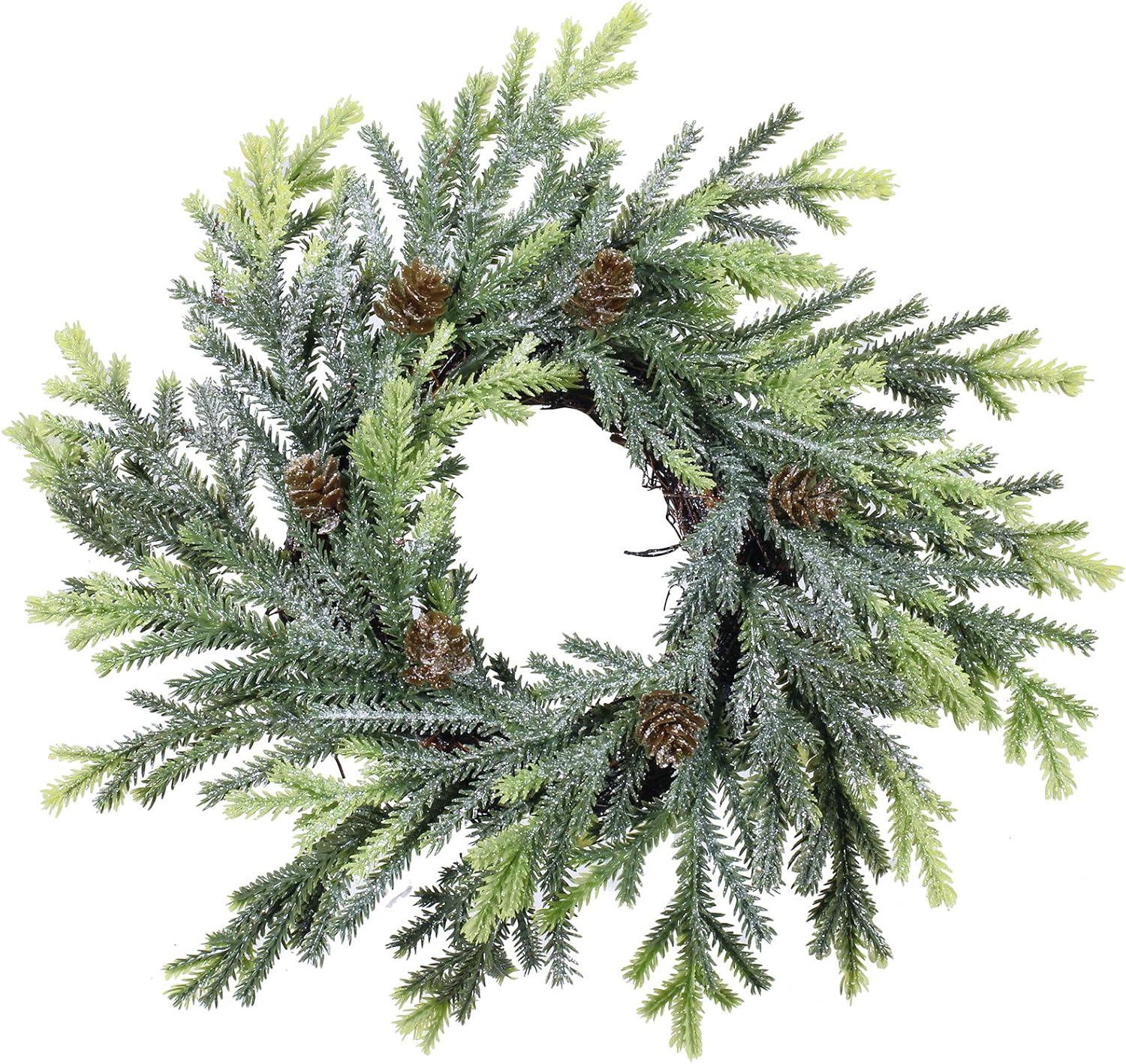 2 pcs artificial frosted cedar and pine cone candle rings christmas candle holder rings faux cedar twigs wreath mini window wreaths 11.8" wide for christmas holiday winter season decoration