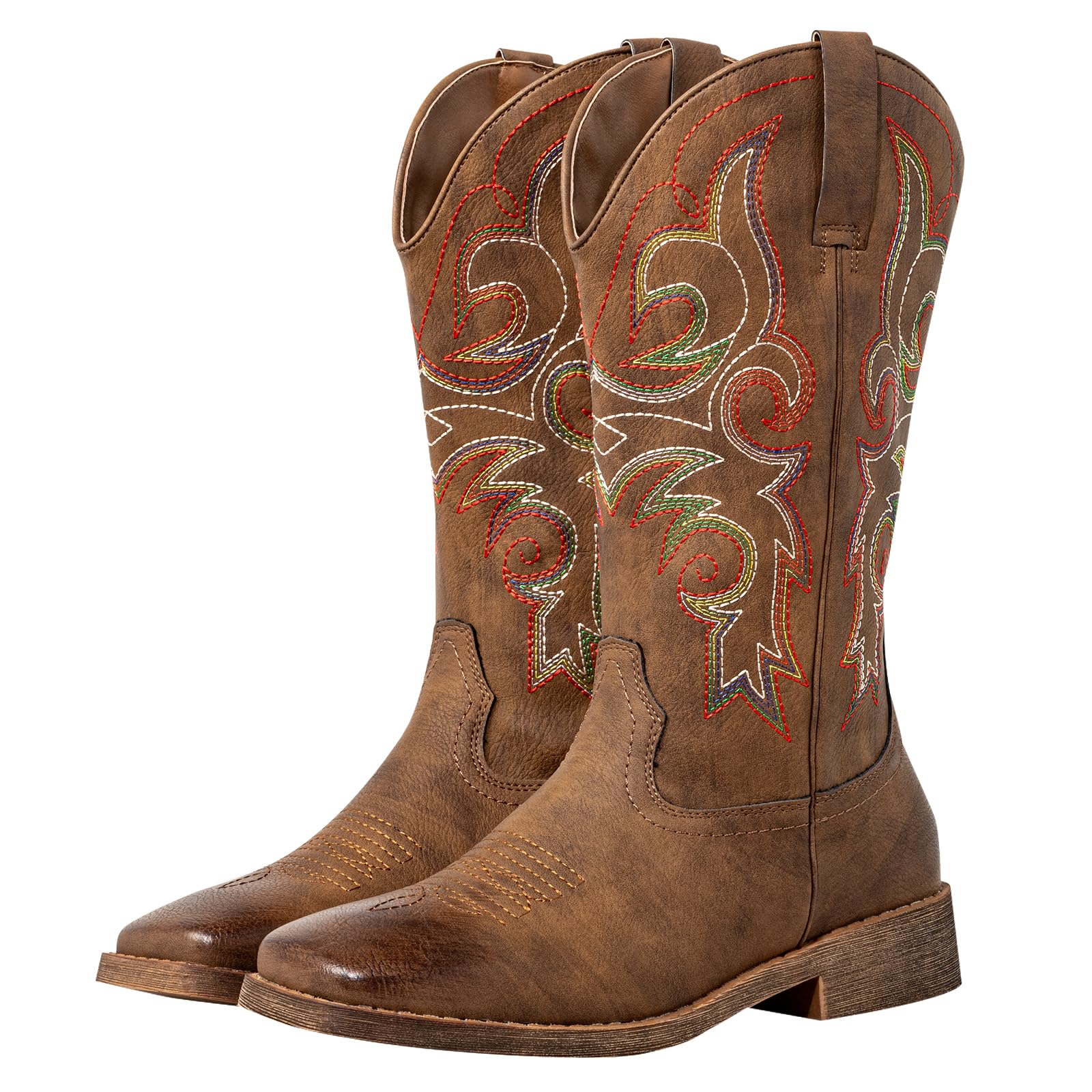 Fashion Cowboy Boots for Women Wide Square Toe Mid Calf Western Cowgirl Boots