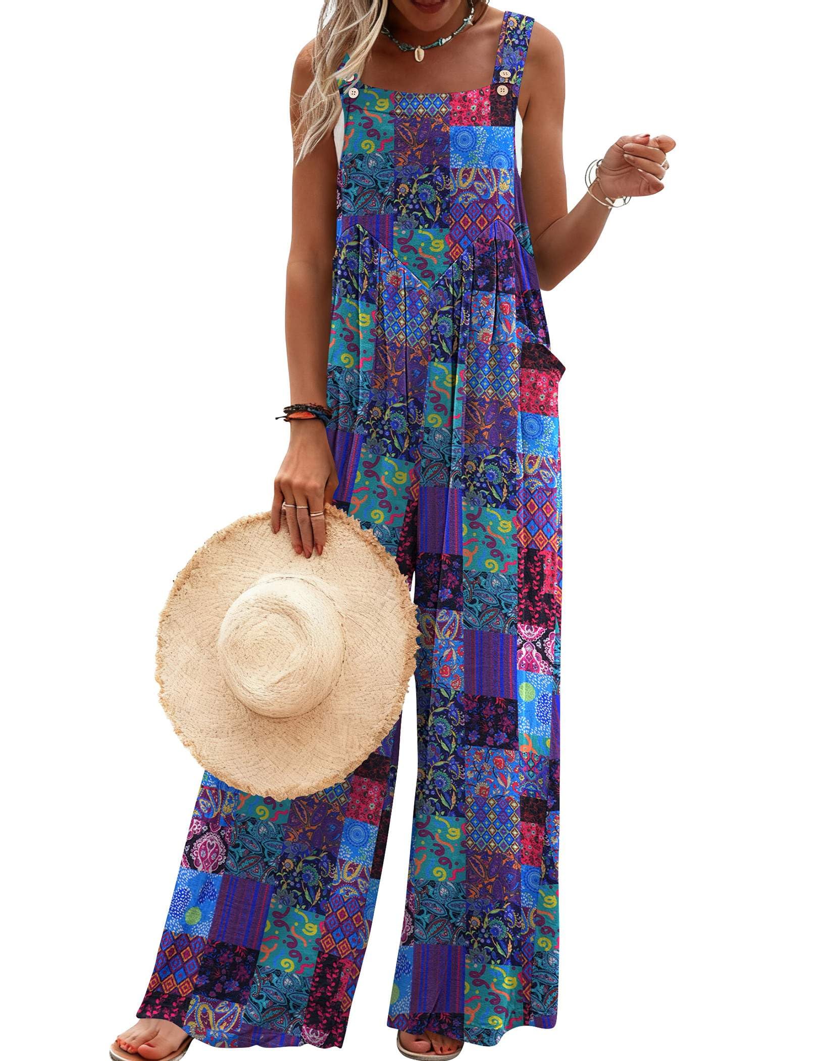 Ekouaer Women's Casual Overalls Loose Wide Leg Jumpsuits Summer Boho Floral Printed Baggy Rompers with Pockets