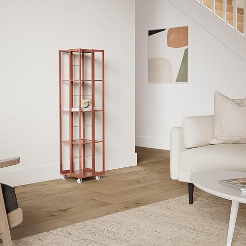 Miniatura 2 de COPREE Estantería de 5 niveles, estantes altos de bambú para libros que ahorran espacio, color nogal, estante organizador de libros angosto, unidad