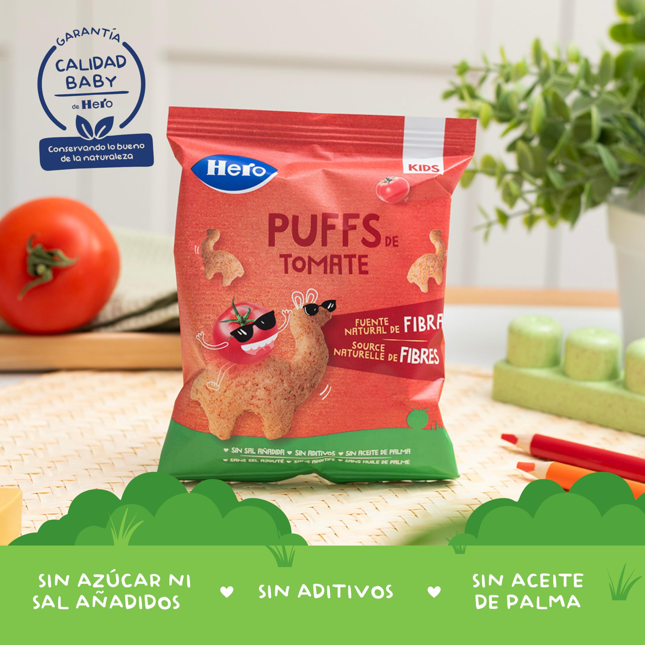 Hero Kids - Puff Snack de tomate, ingredientes 100% naturales, fuente natural de fibra, sin sal añadida, sin aceite de palma, sin aditivos, snack para niños, paquete de 12 x 12 g