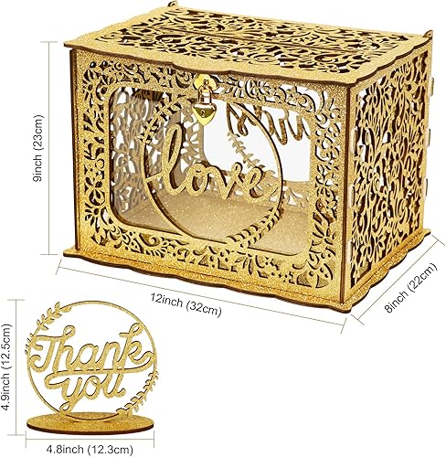 Miniatura 2 de OurWarm Caja de Tarjetas Dorada para Boda, Caja de Tarjetas de Boda de Madera con Purpurina con Cerradura de Corazón y Luces Decorativas, Caja de