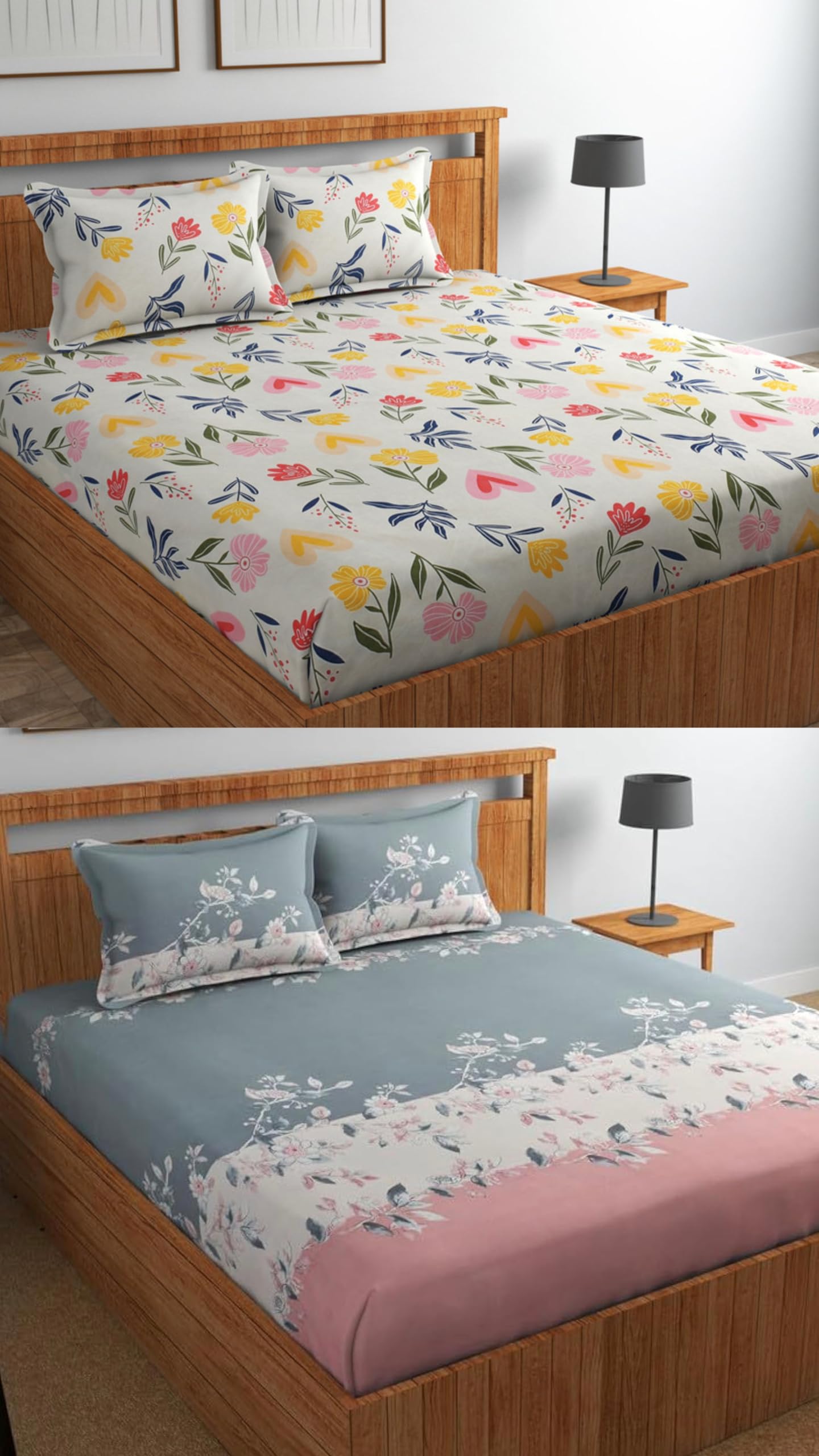 Combo Pack of 2 Elastic Fitted Cotton Double Bedsheets with 4 Pillow Covers_Size-72x72+8 inches, Multicolor No-207-picture-31