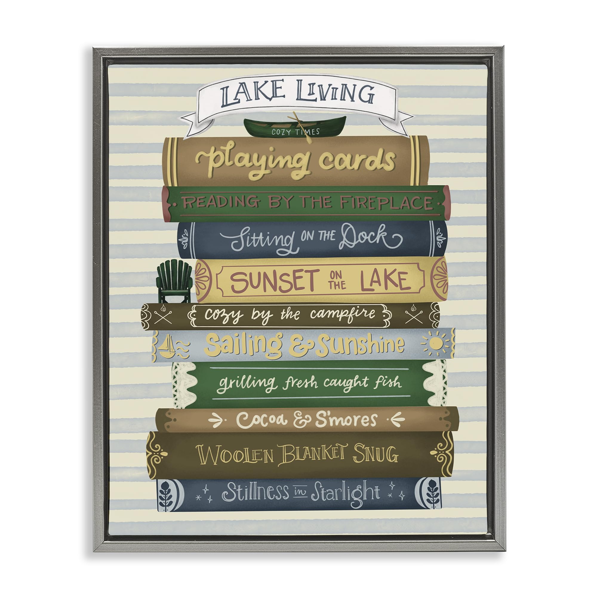 Stupell Industries Luster Gray (Matte) 'Lake Living Book Stack'| Floating Frame Canvas Art