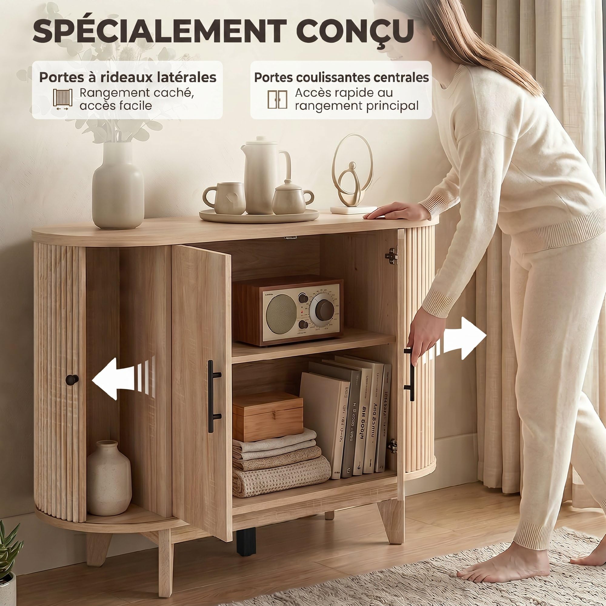 HOMCOM Buffet Salon, Meuble de Rangement Ovale avec 4 Portes et Étagère Réglable, 5 Pieds Stables, Style Moderne, Buffet Salle à Manger et Cuisine, 90x40x76cm, Chêne