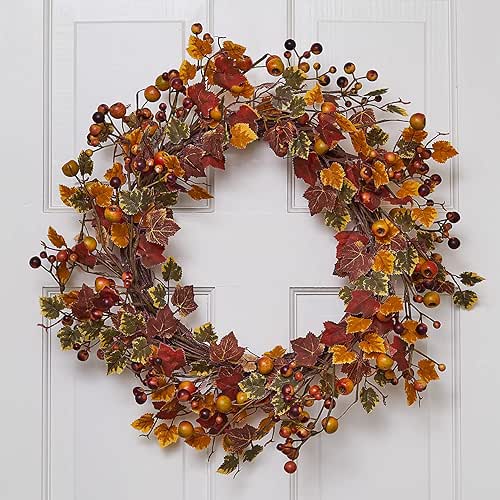 Lights4fun 46cm Artificial Autumn Wreath Maple Leaves & Berries Foliage