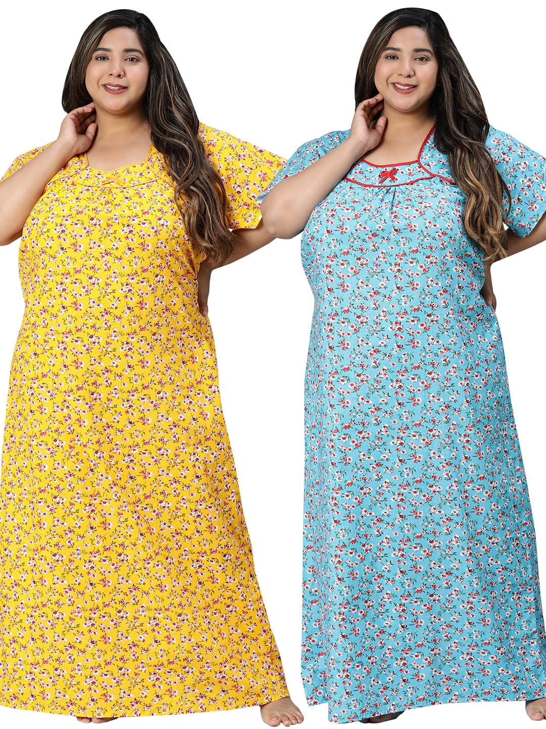 clochoice Women Pink & Yellow Floral Print Cotton Half Sleeve Plus Size Nighty Maxi Nightdress Nightgown Combo 2XL/3XL/4XL-picture-18
