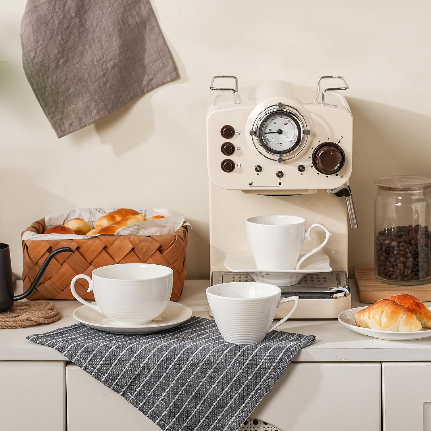 4pcs White Coffee Cups with Saucers, 10oz Ceramic Cappuccino Cups, Microwave & Dishwasher Safe, for Home, Cafe - Image 6