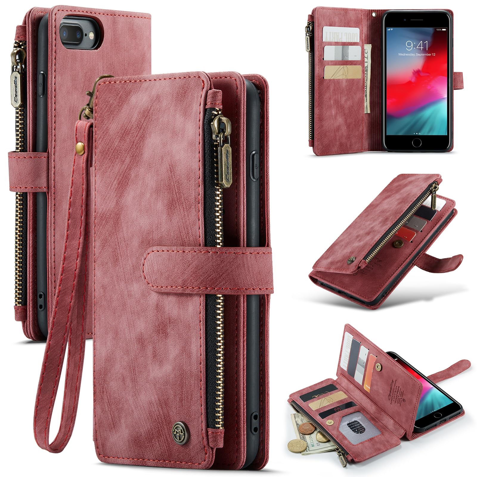 ELEPIK for iPhone 6/7/8/SE2/SE3 Wallet Case with Card Holder, Kickstand, Wristlet for Women Men, Durable PU Leather Magnetic Wallet Phone Case for iPhone 6/7/8/SE2/SE3, Elegant Red