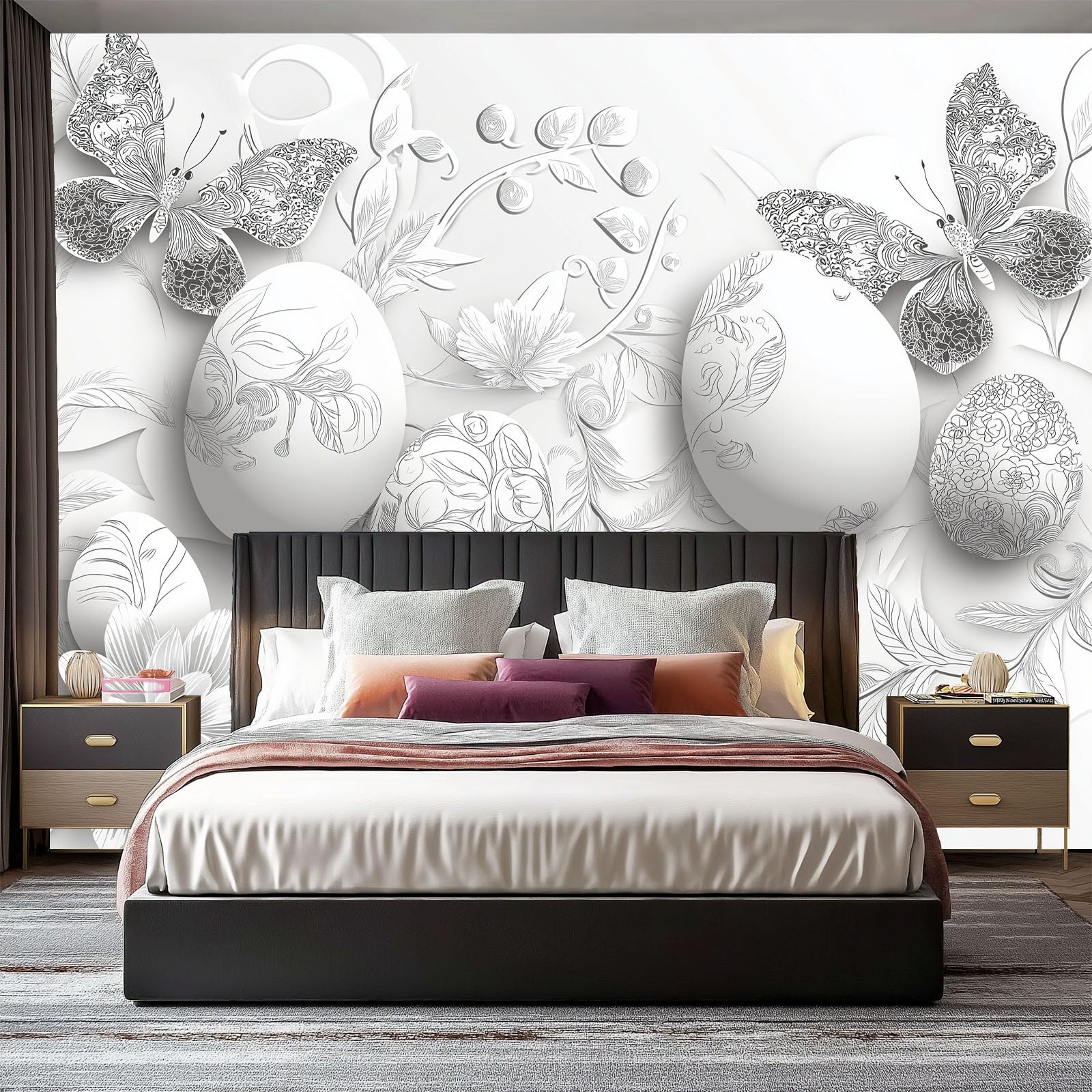 Tapeta Rośliny Motyle Pisanki Fototapety Włóknina, 350 x 256 cm Fototapety Dekoracja ścienna Tapeta Niestandardowa włóknina do salonu Sypialnia, Biały Srebrny