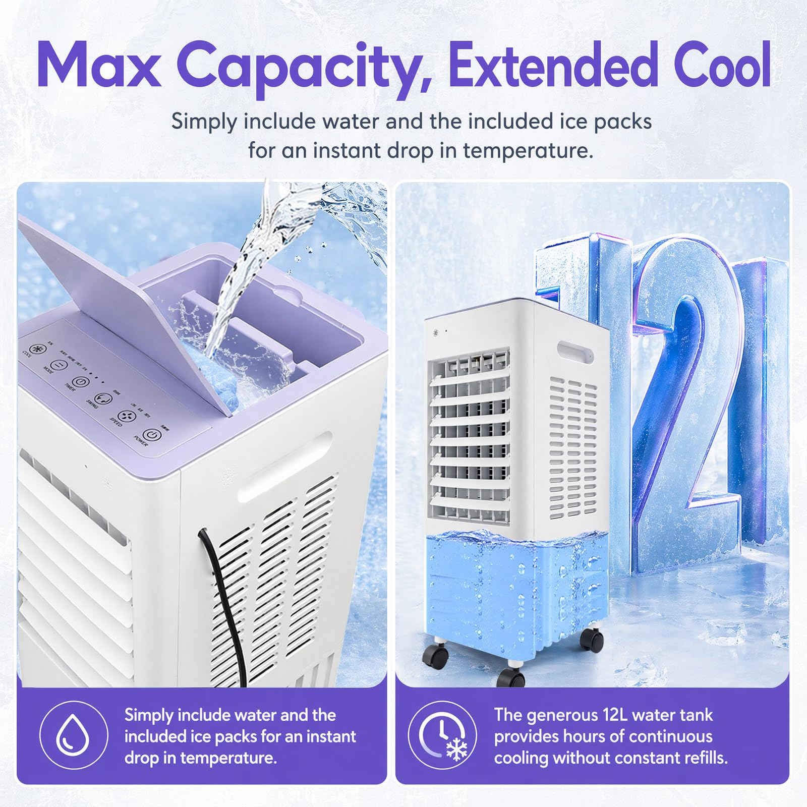 Rafraîchisseur d'air Design 4-en-1, Réservoir 12L avec Indicateur de Niveau, 2 Blocs de Glace, Télécommande, Écran, Climatiseur Mobile pour Intérieur Moderne